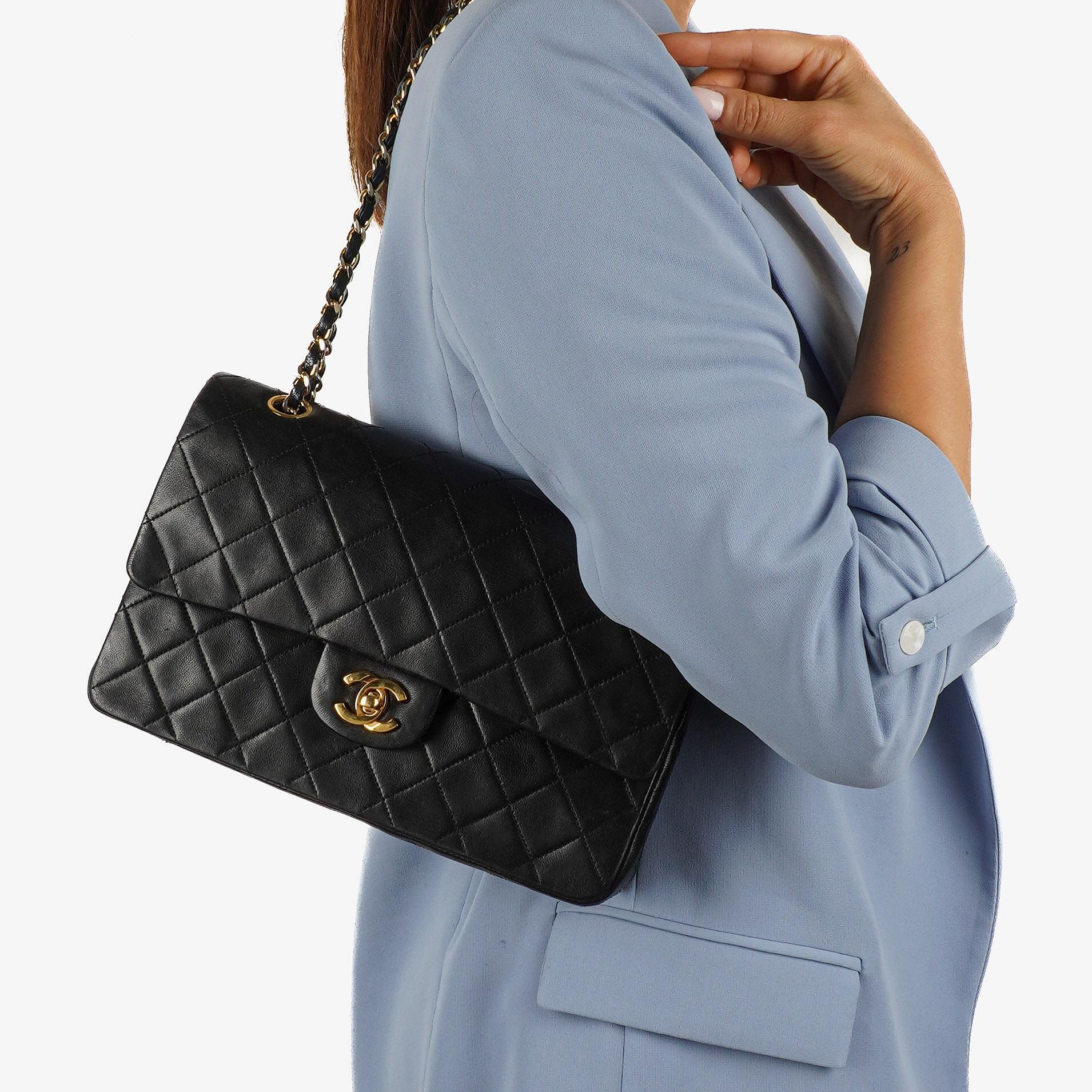 Chanel Medium Classic Vintage Double Flap Bag Black Quilted Lambskin With 24K Gold-Plated Hardware