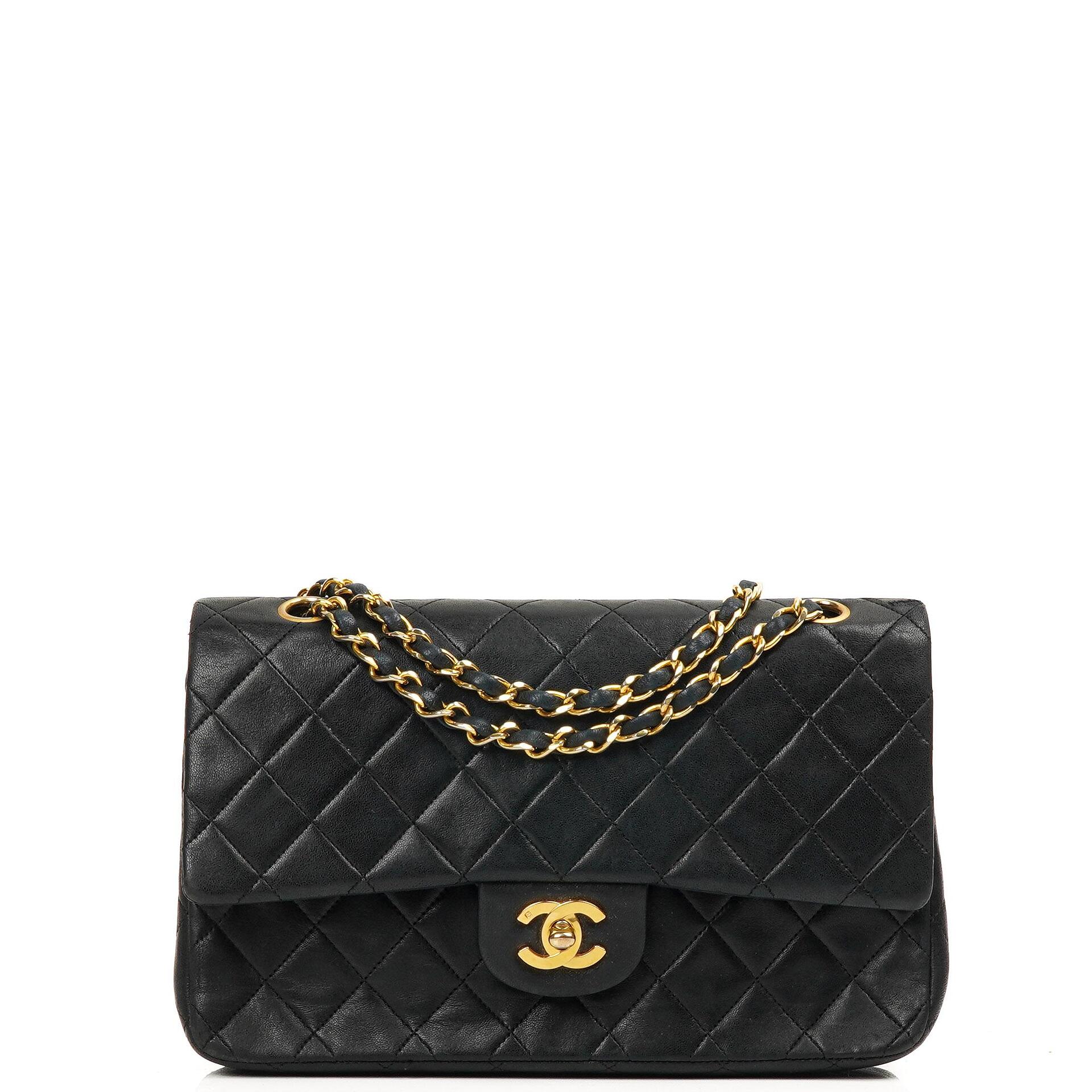 Chanel Medium Classic Vintage Double Flap Bag Black Quilted Lambskin With 24K Gold-Plated Hardware