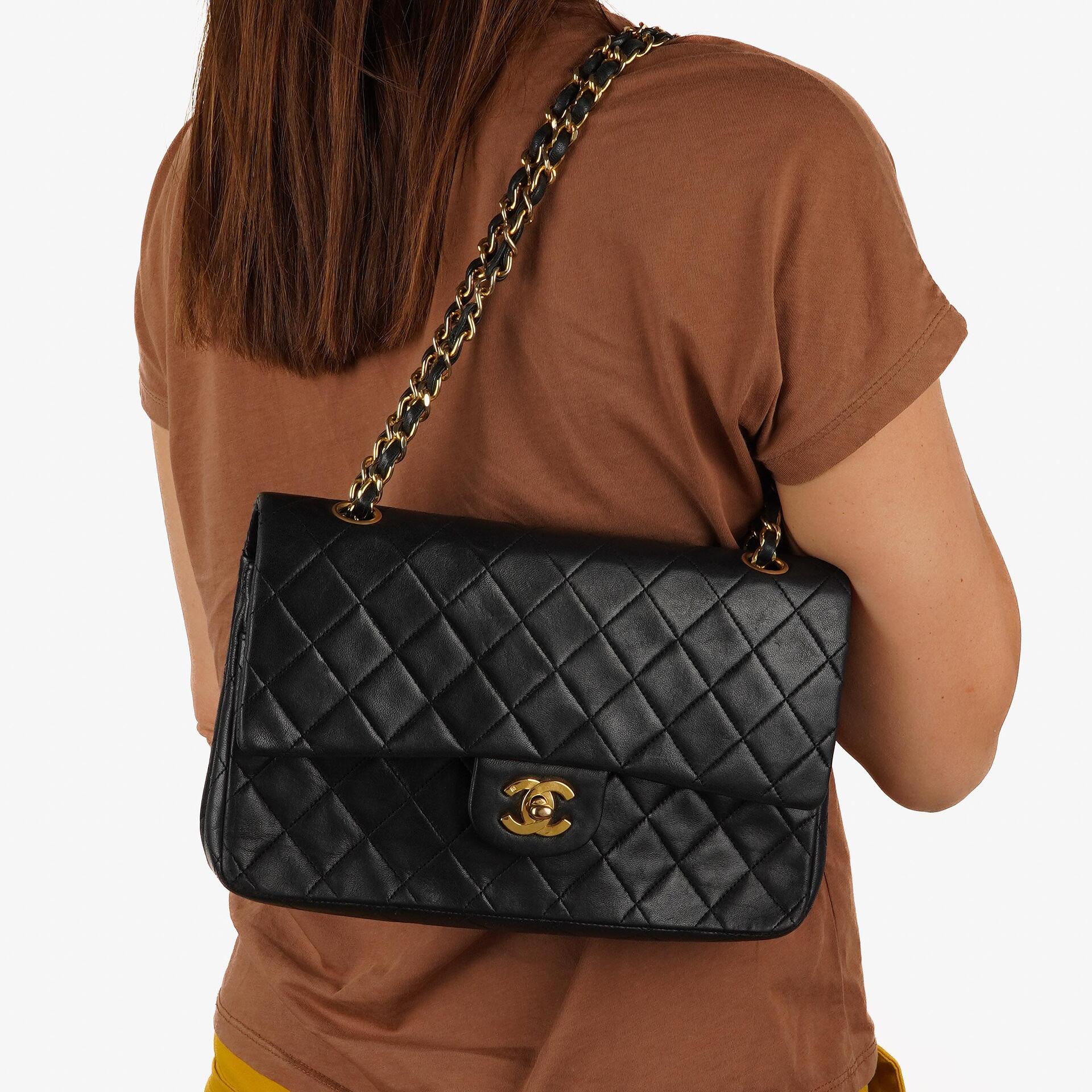 Chanel Medium Classic Vintage Double Flap Bag Black Quilted Lambskin With 24K Gold-Plated Hardware