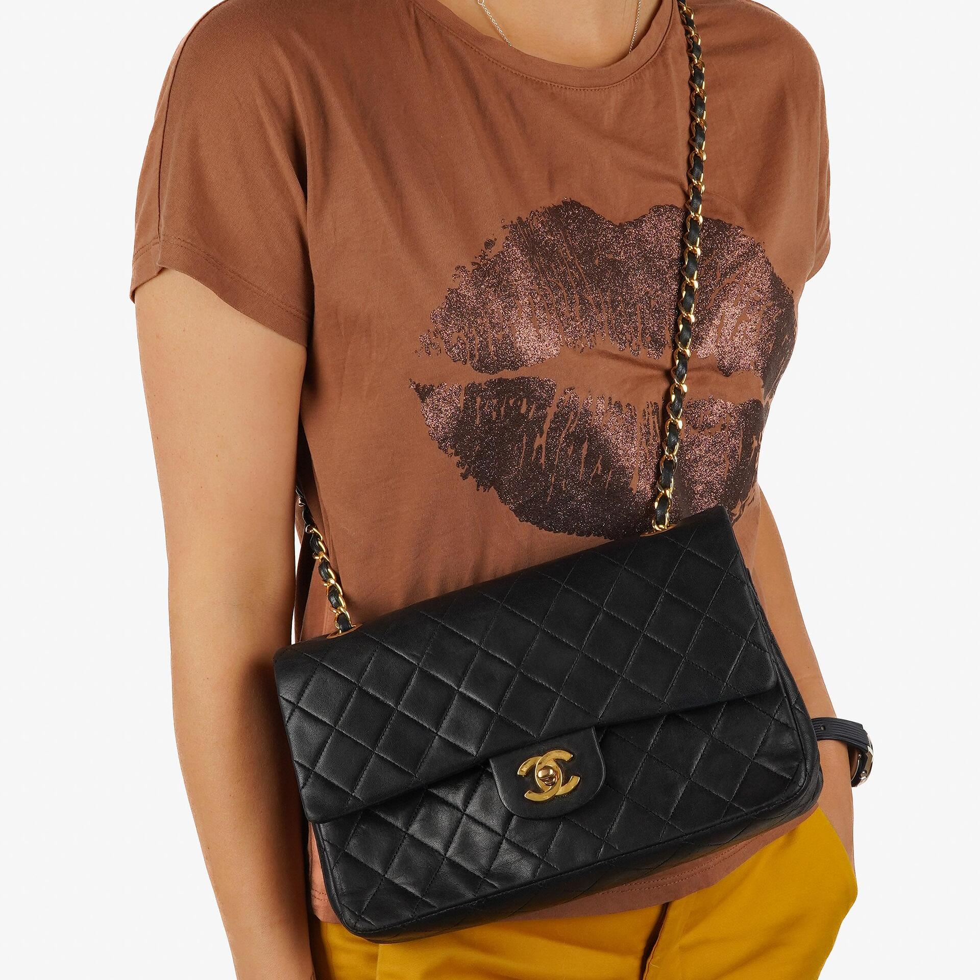 Chanel Medium Classic Vintage Double Flap Bag Black Quilted Lambskin With 24K Gold-Plated Hardware