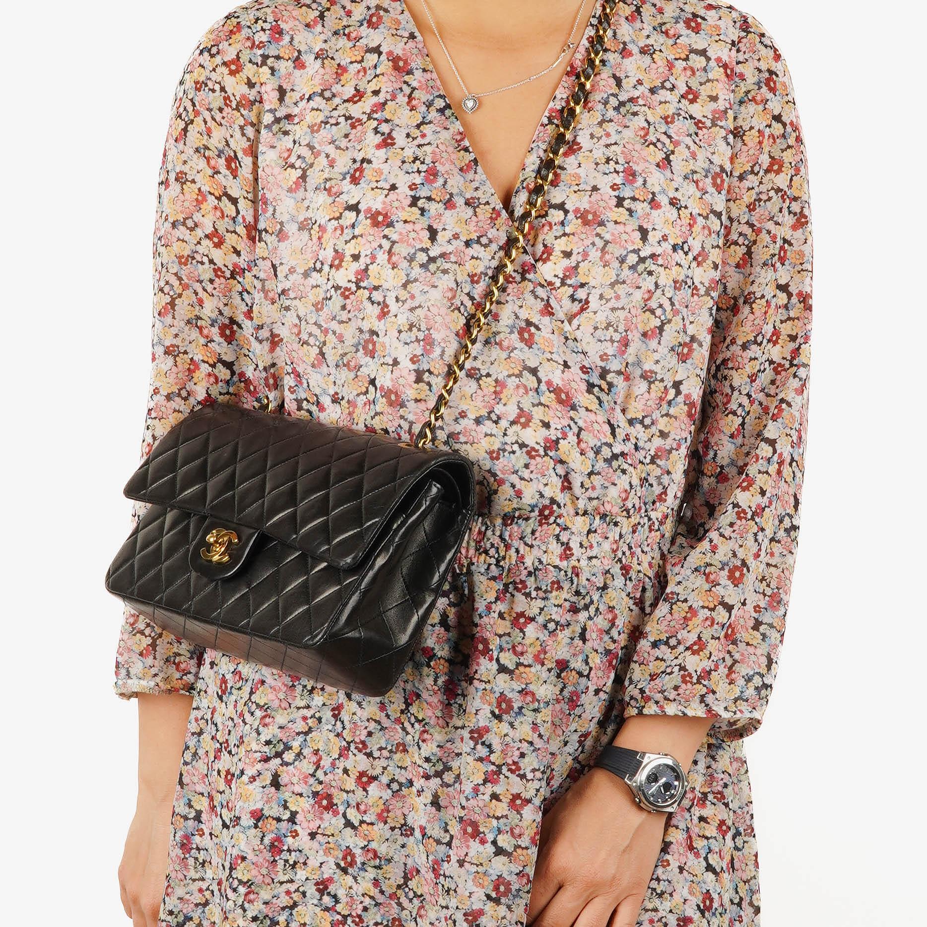 Chanel Medium Classic Vintage Double Flap Bag Black Quilted Lambskin With 24K Gold-Plated Hardware