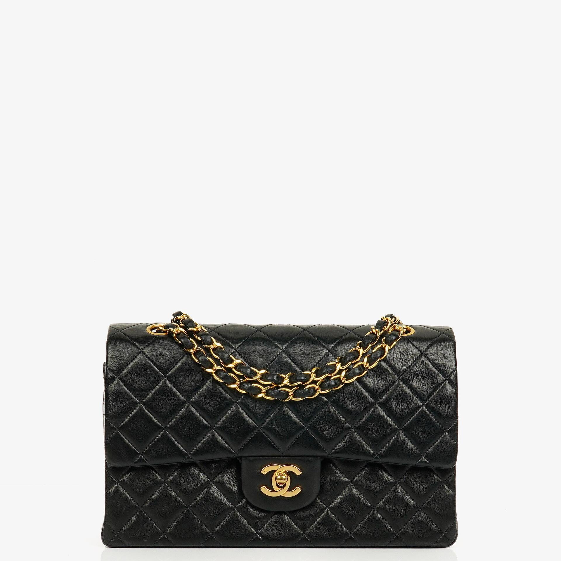 Chanel Medium Classic Vintage Double Flap Bag Black Quilted Lambskin With 24K Gold-Plated Hardware