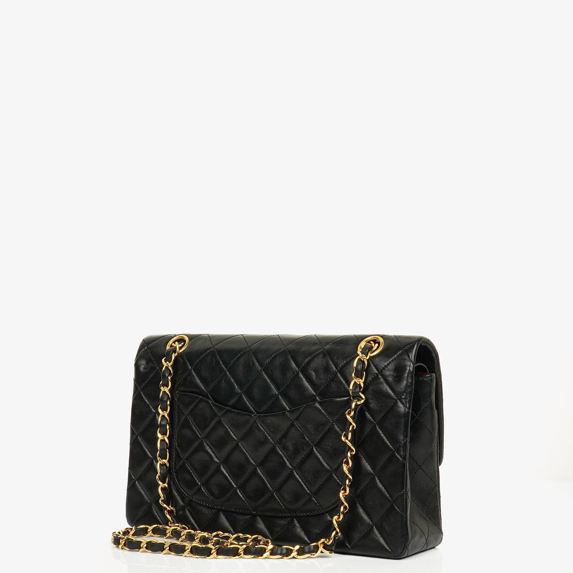 Chanel Medium Classic Vintage Double Flap Bag Black Quilted Lambskin With 24K Gold-Plated Hardware