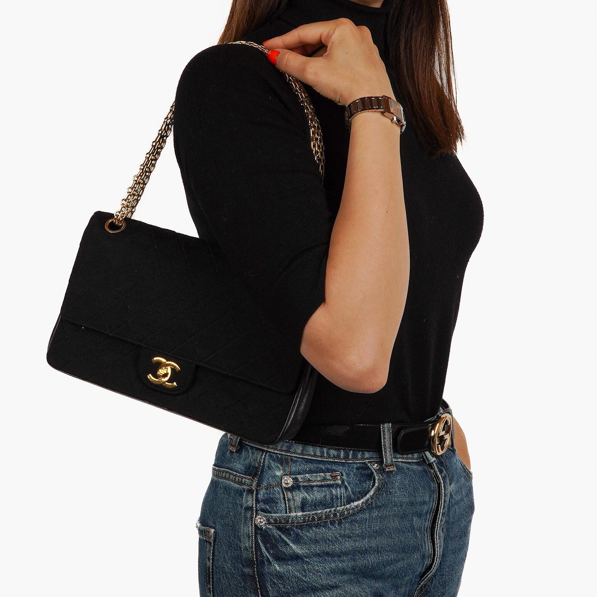 Chanel Medium Classic Vintage Double Flap Bag In Black Quilted Jersey And Leather With 24K Gold-Plated Hardware And Mademoiselle Chain
