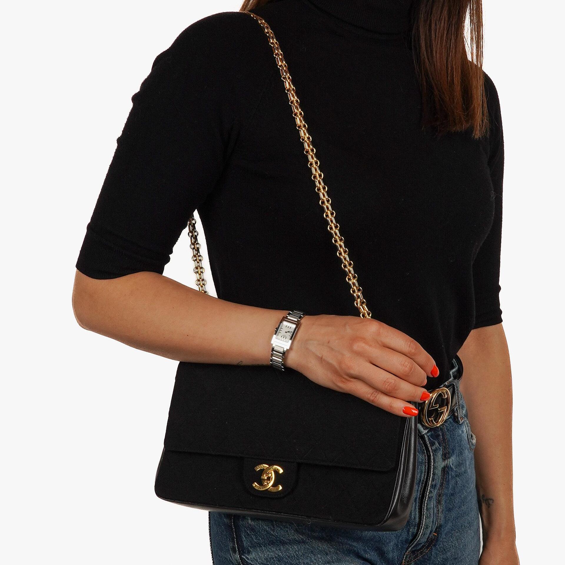 Chanel Medium Classic Vintage Double Flap Bag In Black Quilted Jersey And Leather With 24K Gold-Plated Hardware And Mademoiselle Chain