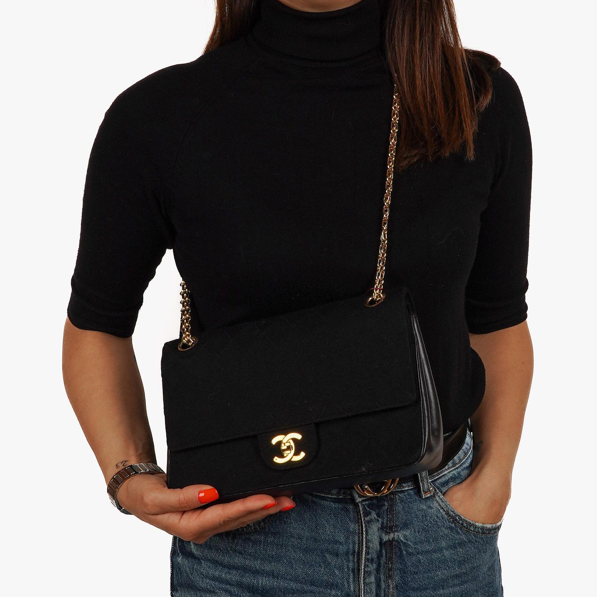 Chanel Medium Classic Vintage Double Flap Bag In Black Quilted Jersey And Leather With 24K Gold-Plated Hardware And Mademoiselle Chain
