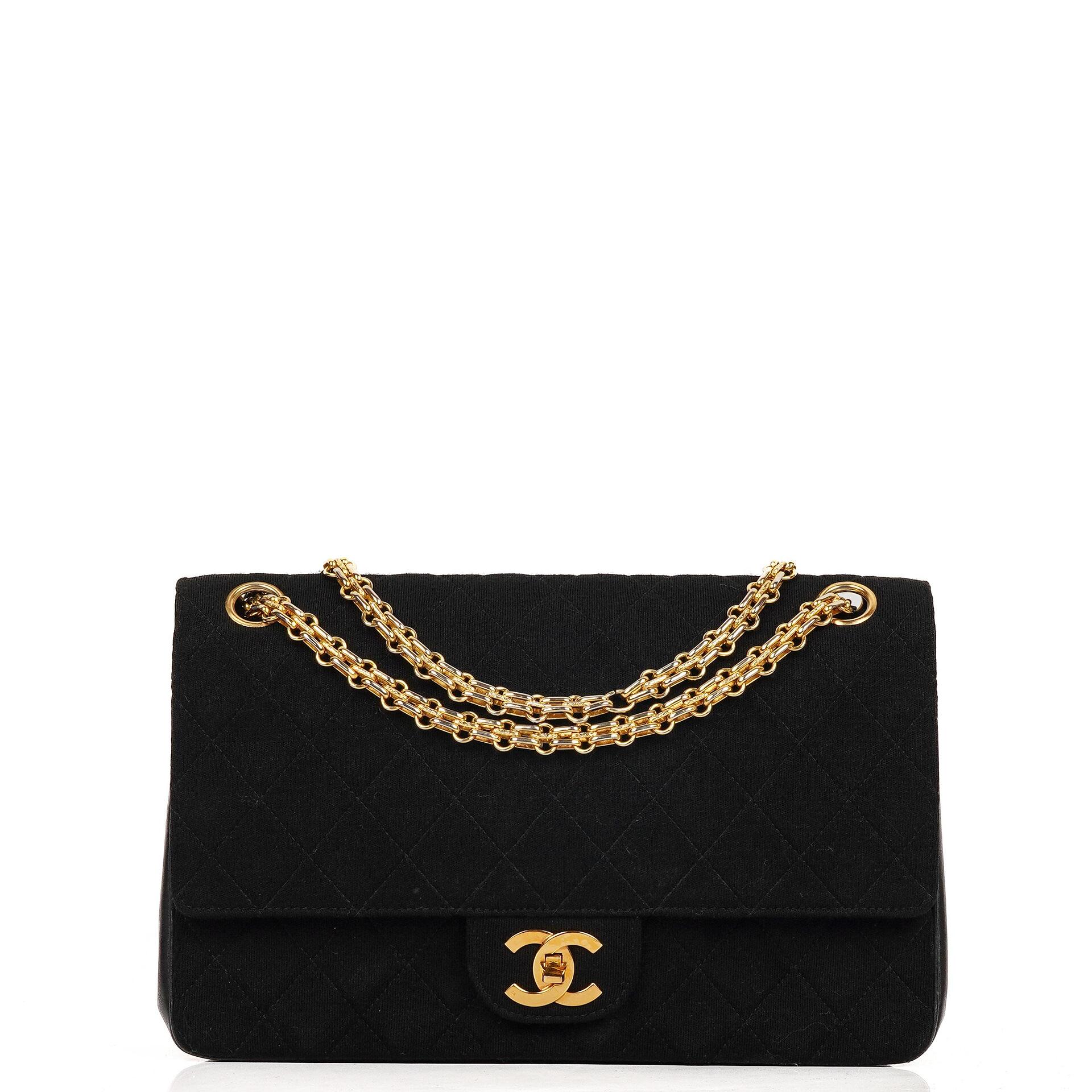 Chanel Medium Classic Vintage Double Flap Bag In Black Quilted Jersey And Leather With 24K Gold-Plated Hardware And Mademoiselle Chain