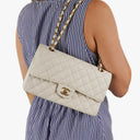 Chanel Medium Classic Vintage Double Flap Bag White Quilted Caviar Leather 24K Champagne Gold-Plated Hardware