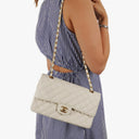 Chanel Medium Classic Vintage Double Flap Bag White Quilted Caviar Leather 24K Champagne Gold-Plated Hardware