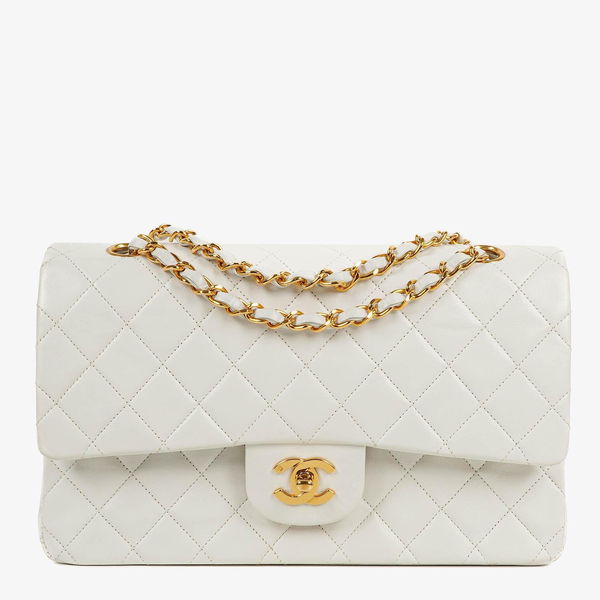Chanel Medium Classic Vintage Double Flap Bag White Quilted Lambskin 24K Gold-Plated Hardware