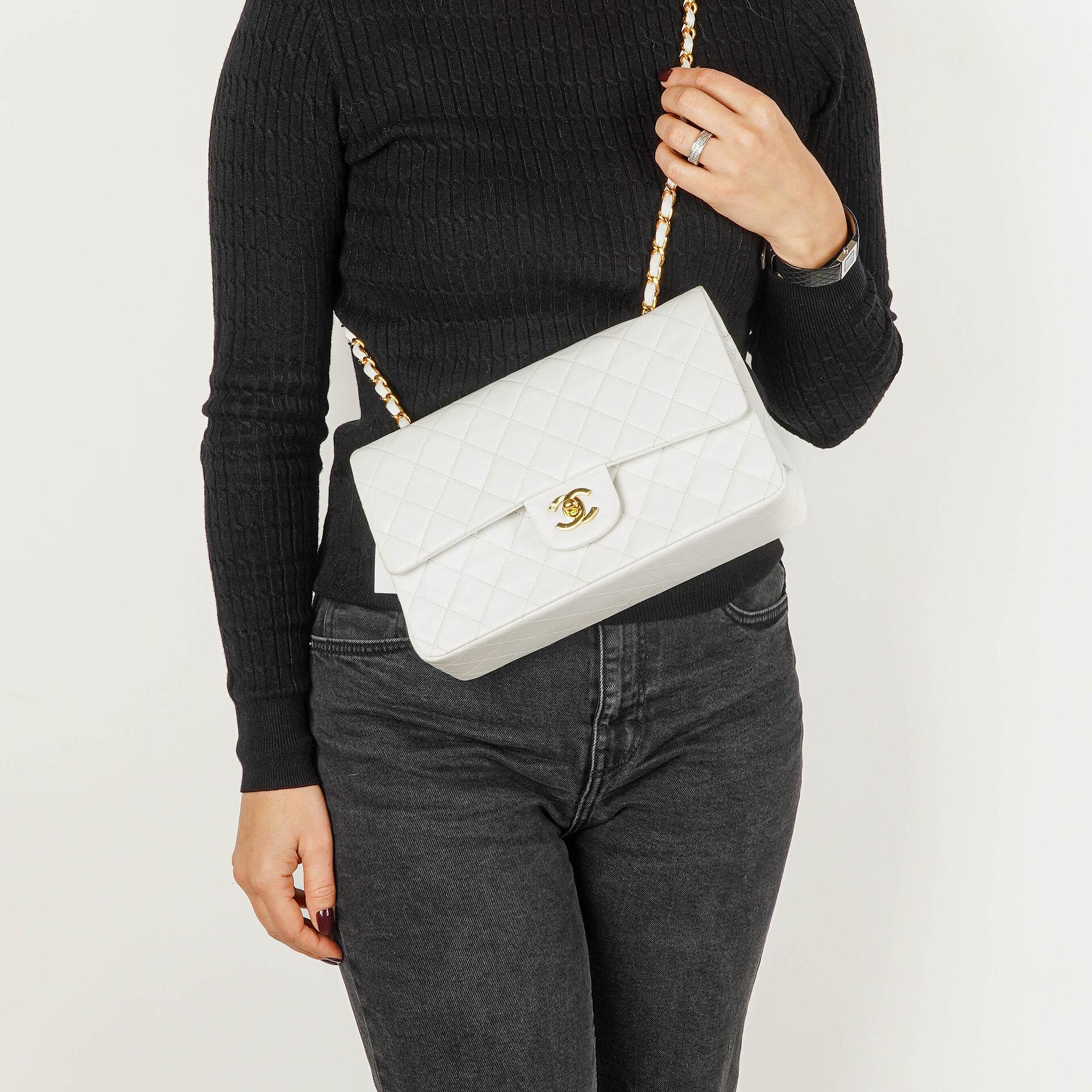 Chanel Medium Classic Vintage Double Flap Bag White Quilted Lambskin 24K Gold-Plated Hardware