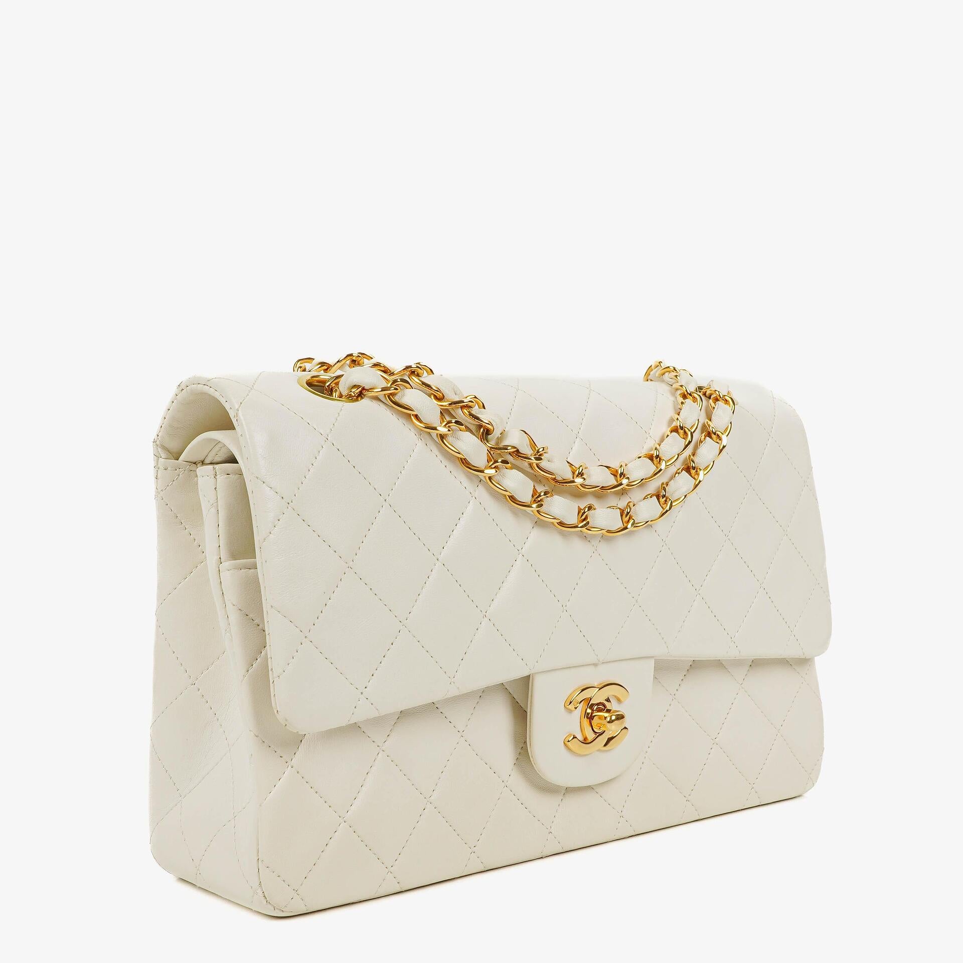 Chanel Medium Classic Vintage Double Flap Bag White Quilted Lambskin 24K Gold-Plated Hardware