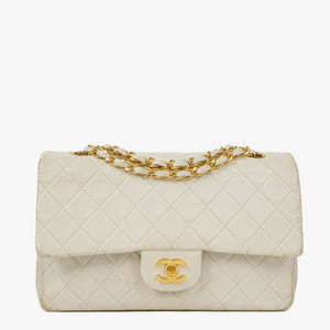 Chanel Medium Classic Vintage Dubbel Flikväska Vit Quiltad Lammnappa 24K Guldpläterad Metall