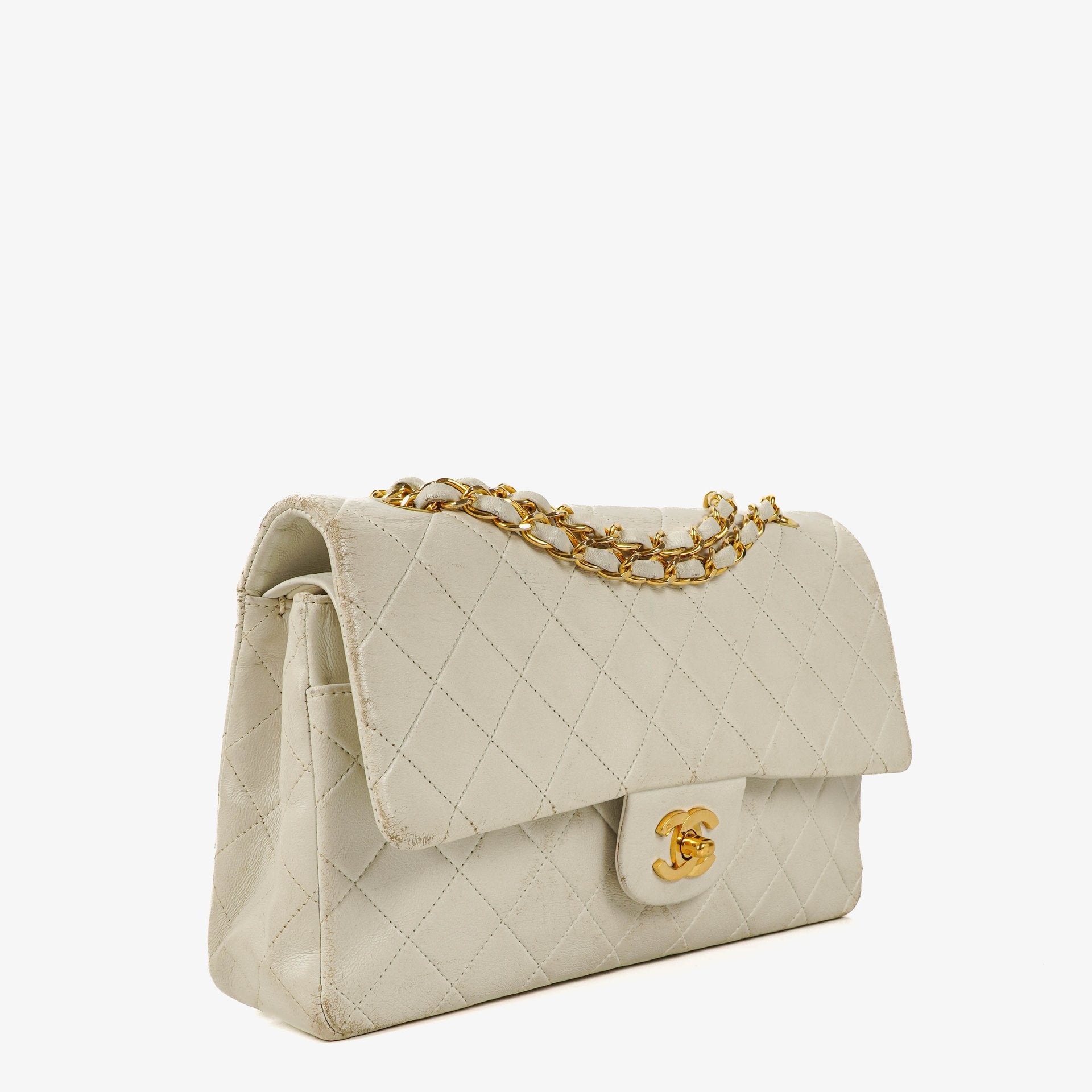 Chanel Medium Classic Vintage Double Flap Bag White Quilted Lambskin 24K Gold-Plated Hardware