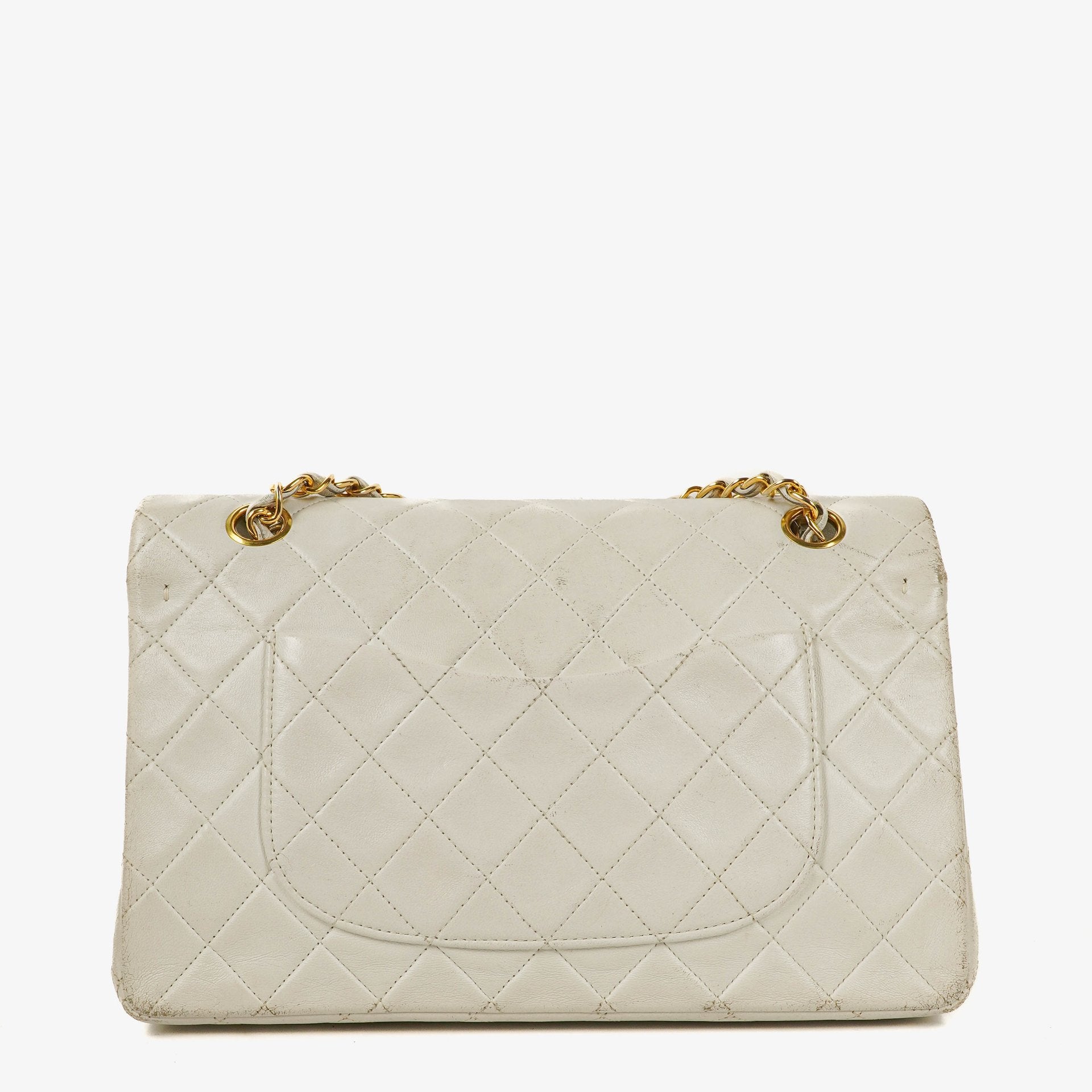 Chanel Medium Classic Vintage Double Flap Bag White Quilted Lambskin 24K Gold-Plated Hardware