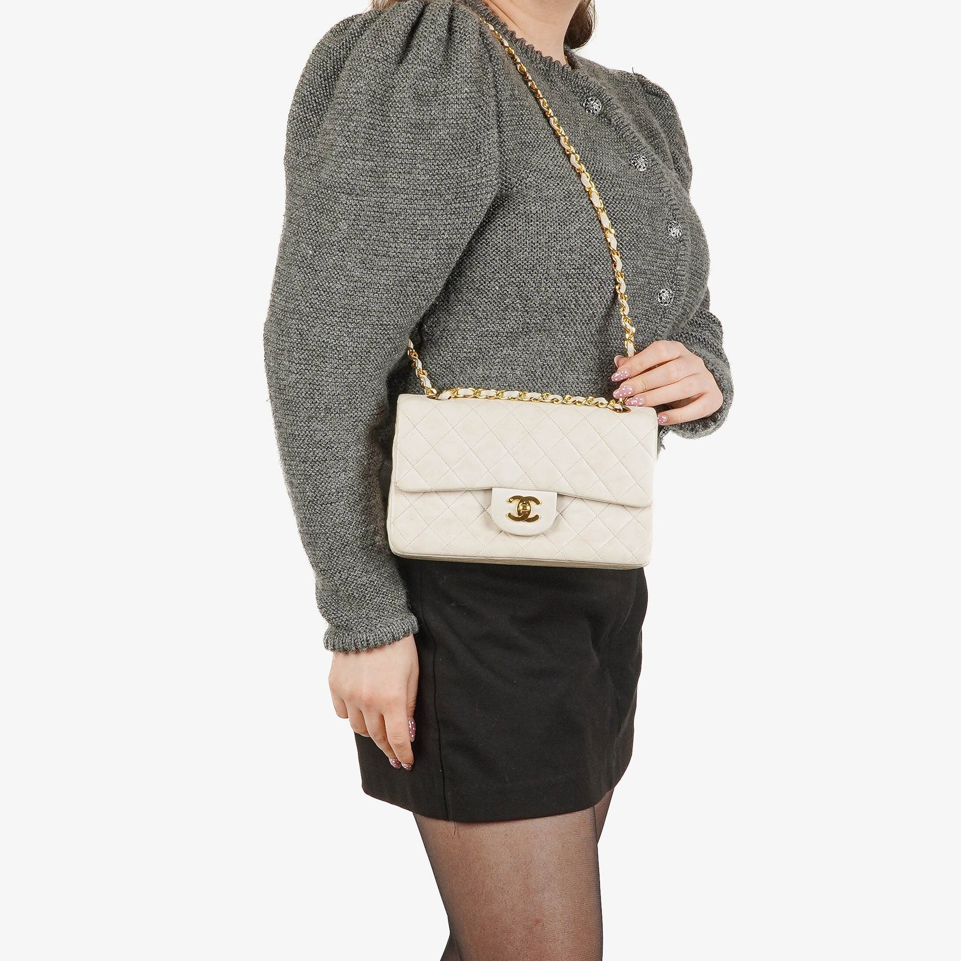 Chanel Medium Classic Vintage Double Flap Bag White Quilted Lambskin 24K Gold-Plated Hardware