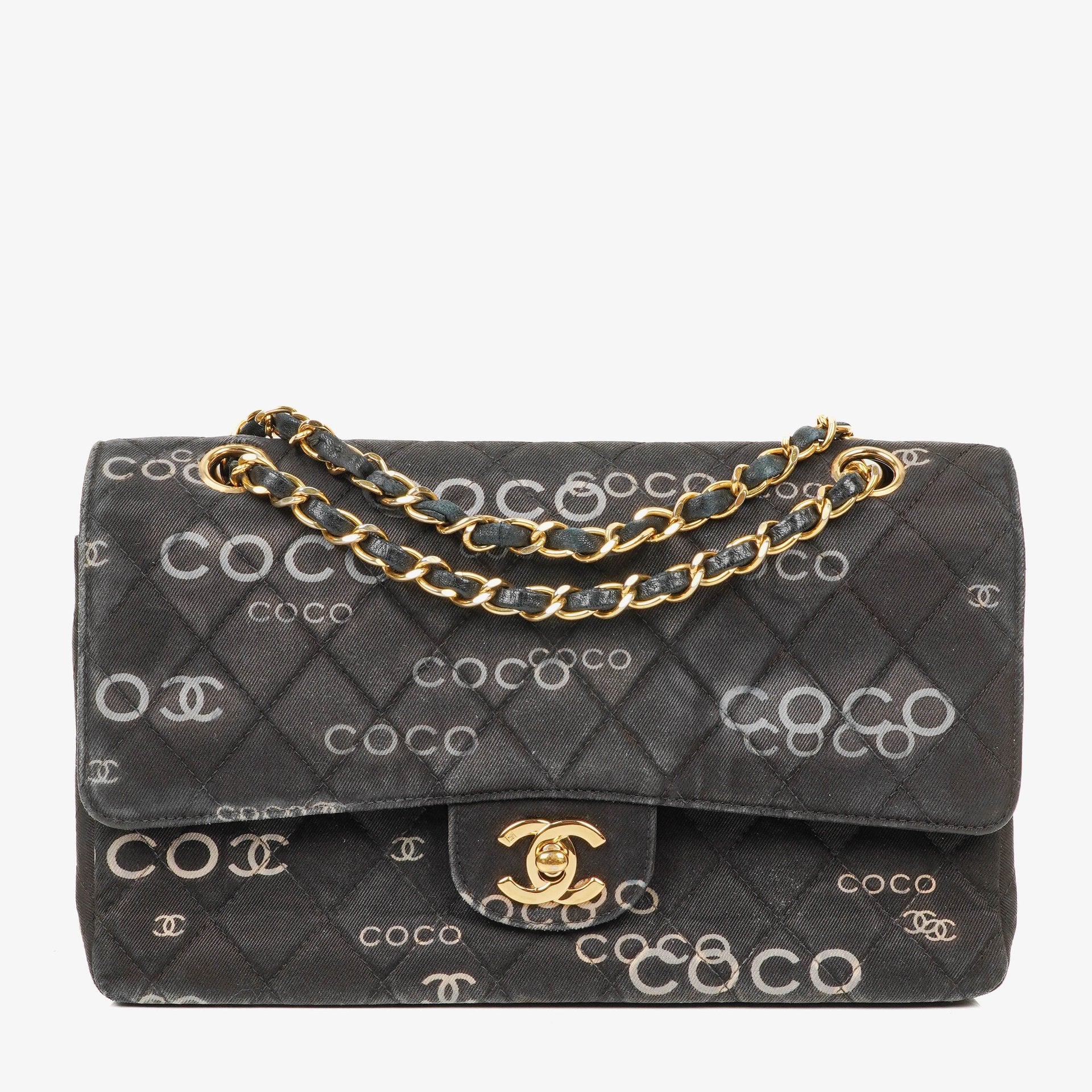 Chanel Medium Coco Black White Printed Quilted Canvas Double Flap Bag