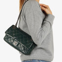 Chanel Medium Single Flap Bag Due Color Green Quilted Glazed Calfskin Ruthenium Hardware
