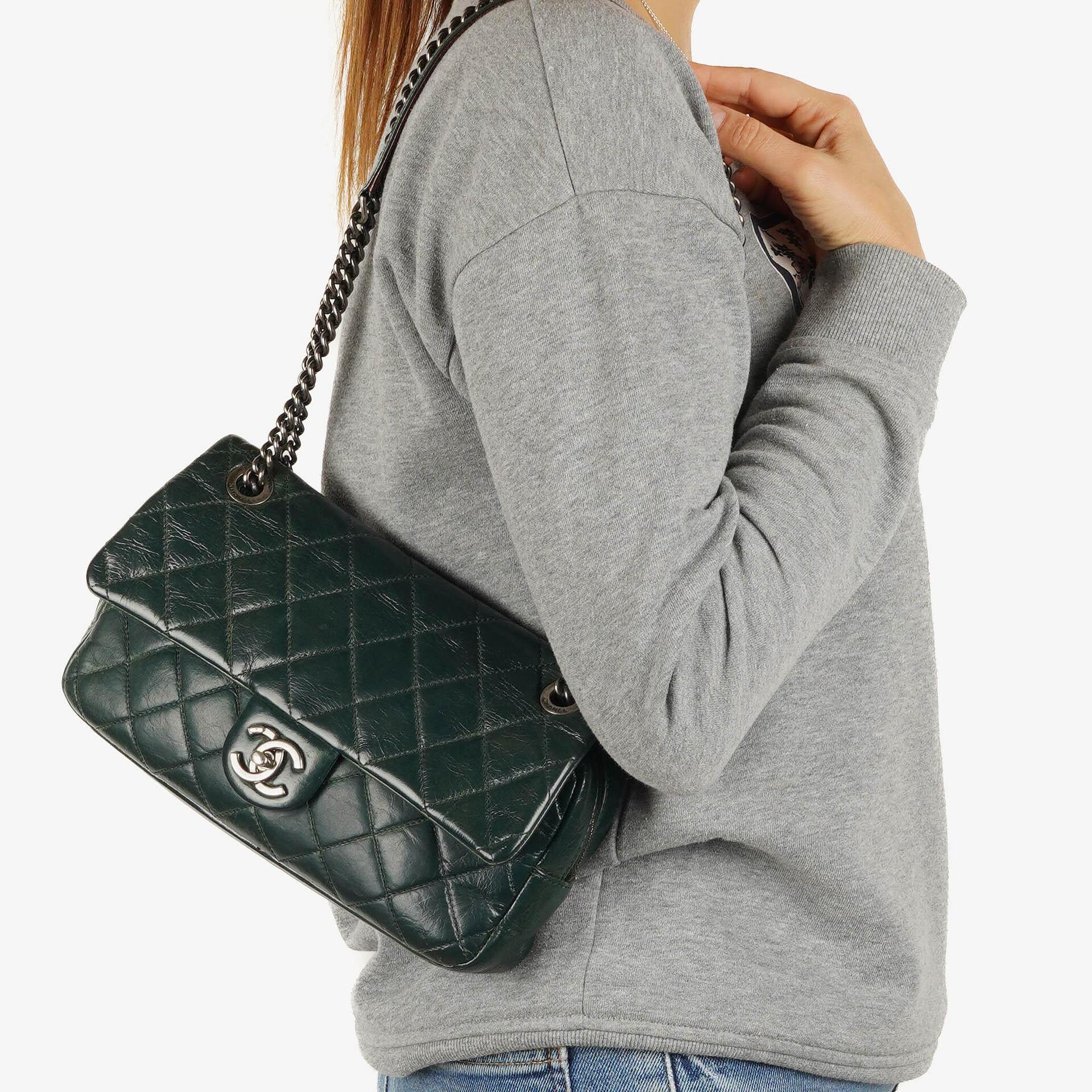 Chanel Medium Single Flap Bag Due Color Green Quilted Glazed Calfskin Ruthenium Hardware