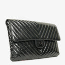 Chanel Metallic Black Crumpled Patent Calfskin Chevron Flap Clutch