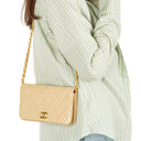 Chanel Mini Classic Biege Quilted Lambskin Full Flap Wallet On Chain WOC With 24K Gold-Plated Hardware