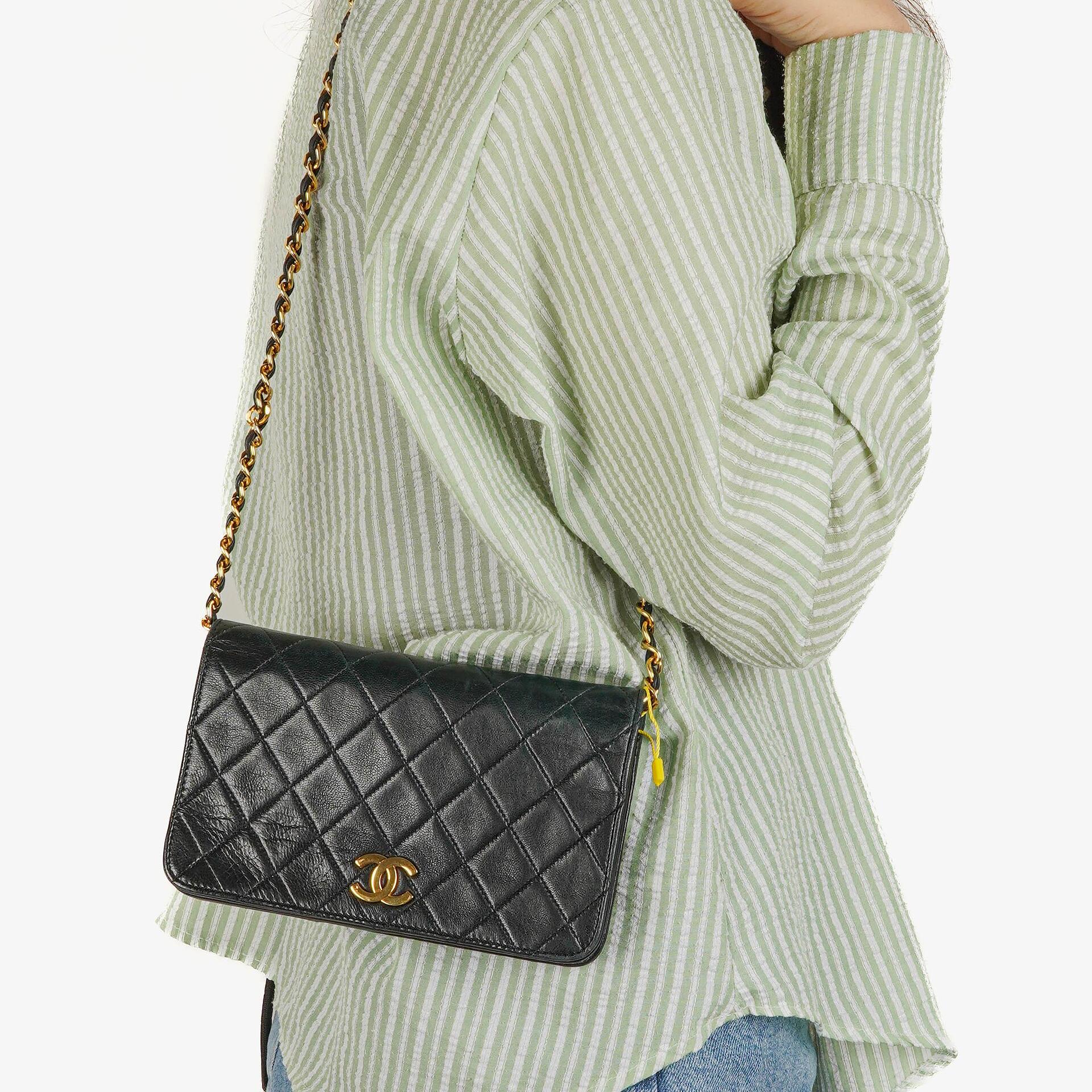 Chanel Mini Classic Black Quilted Lambskin Full Flap Wallet On Chain WOC With 24K Gold-Plated Hardware