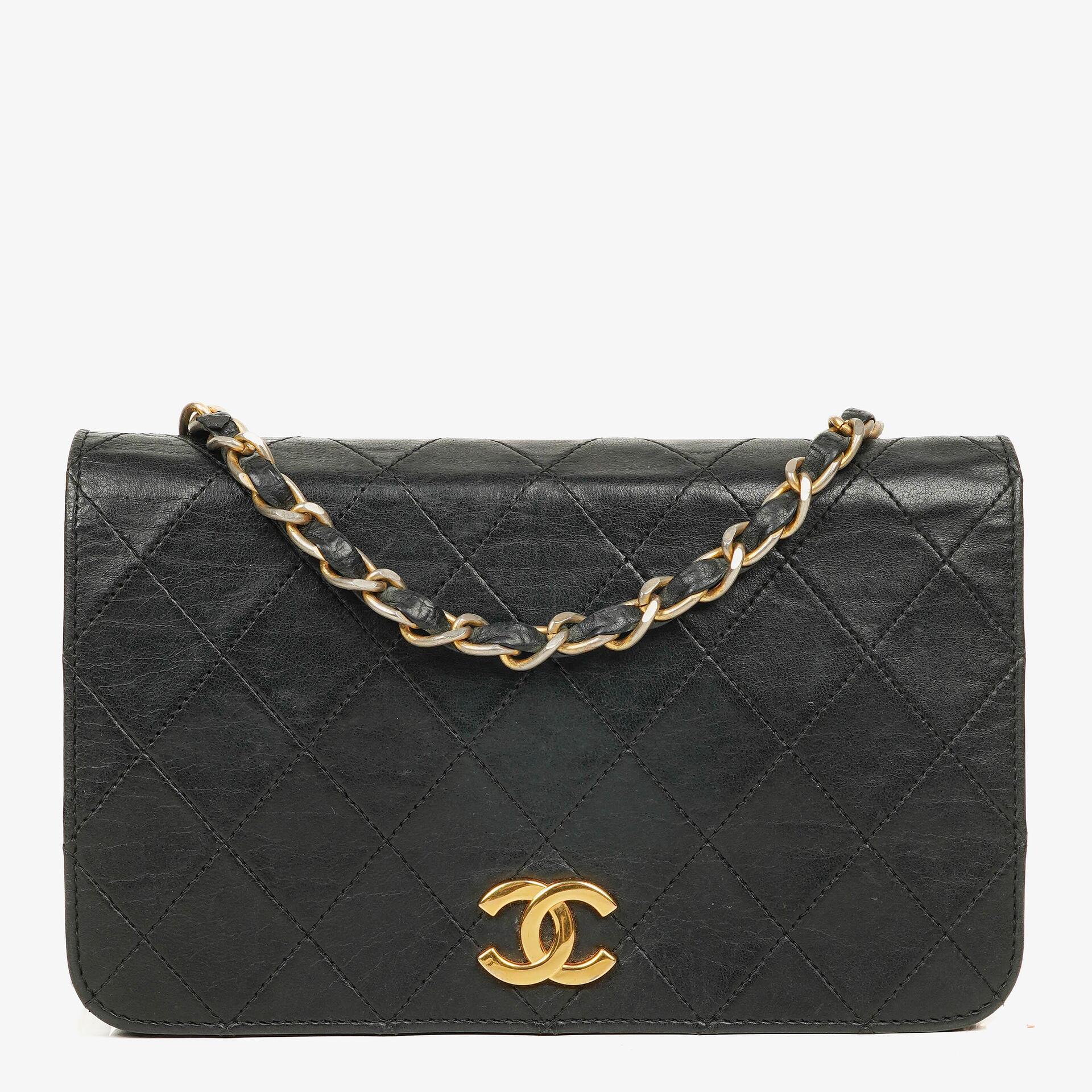 Chanel Mini Classic Black Quilted Lambskin Full Flap Wallet On Chain WOC With 24K Gold-Plated Hardware