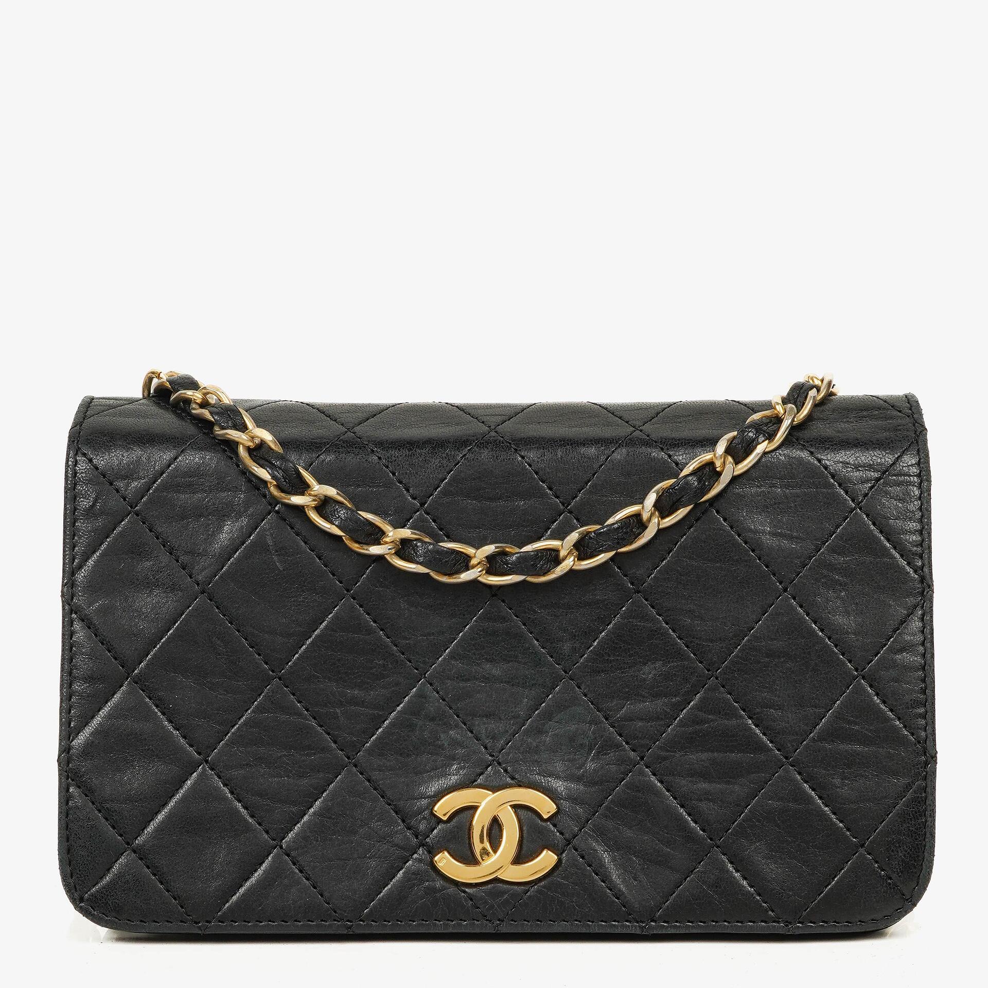 Chanel Mini Classic Black Quilted Lambskin Full Flap Wallet On Chain WOC With 24K Gold-Plated Hardware