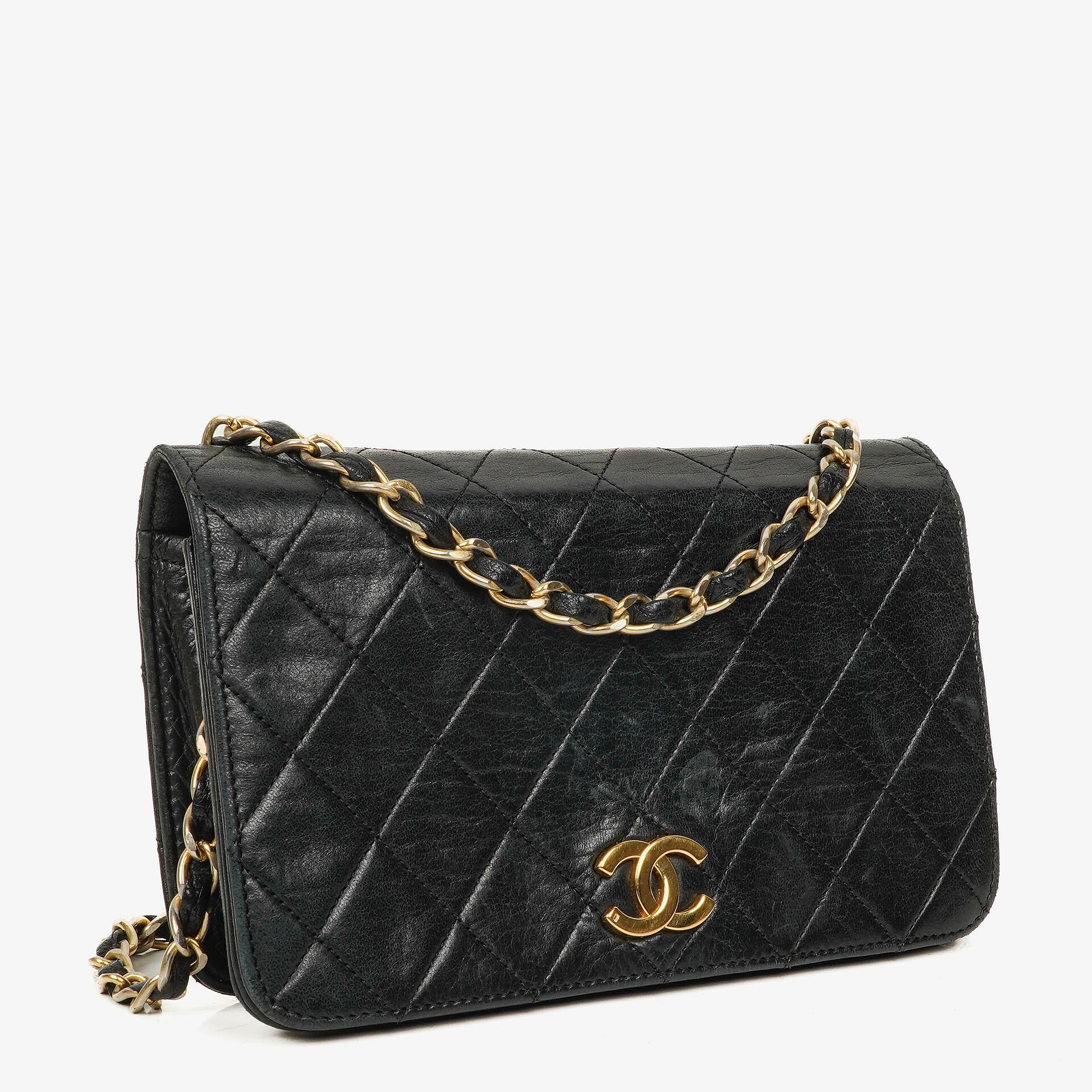 Chanel Mini Classic Black Quilted Lambskin Full Flap Wallet On Chain WOC With 24K Gold-Plated Hardware