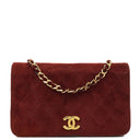 Chanel Mini Classic Burgundy Quilted Suede Full Flap Wallet On Chain WOC With Gold-Tone Hardware