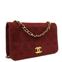Chanel Mini Classic Burgundy Quilted Suede Full Flap Wallet On Chain WOC With Gold-Tone Hardware