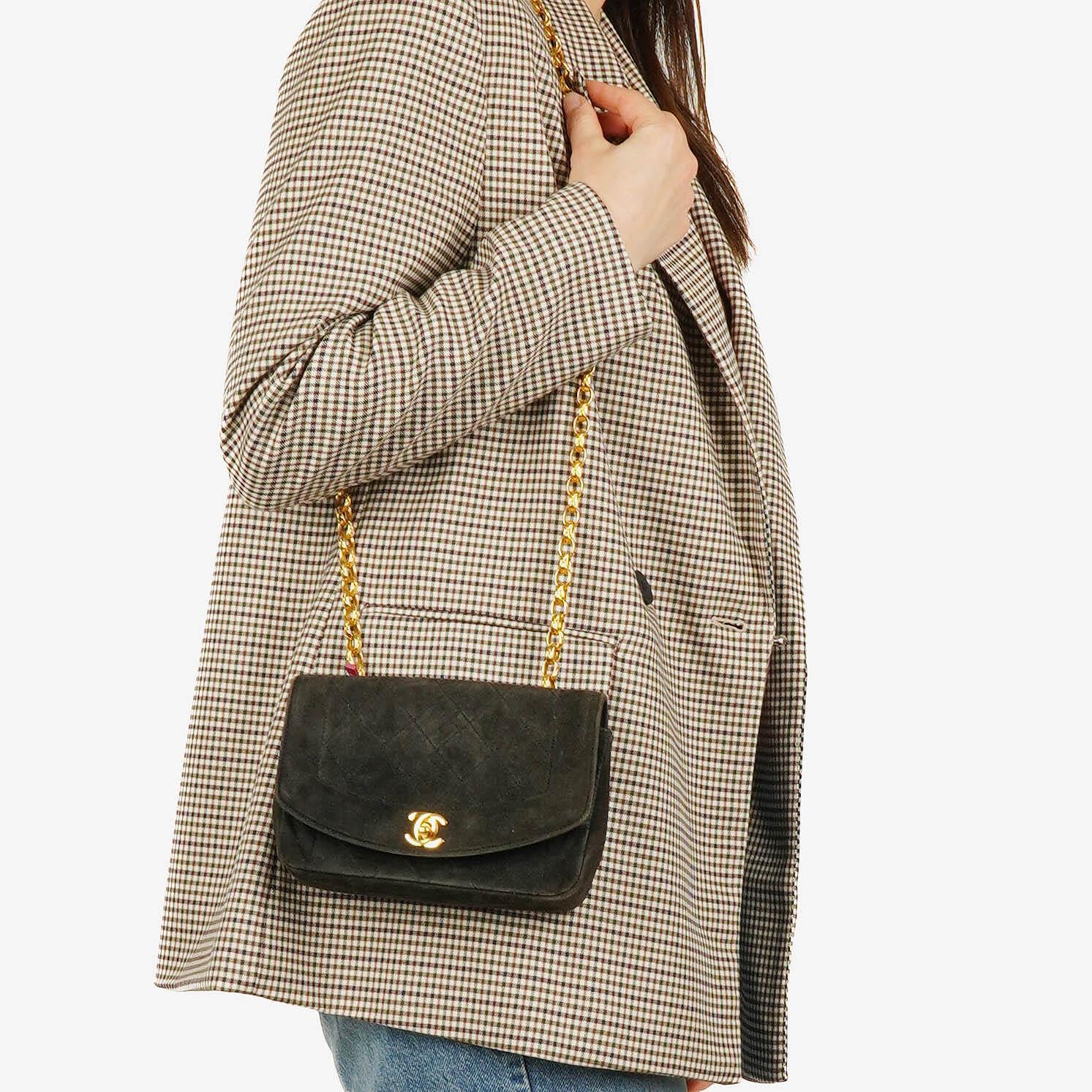 Chanel Mini Diana Bijoux Chain Black Quilted Suede Vintage Flap Bag with 24K Gold-Plated Hardware (1989–1991)