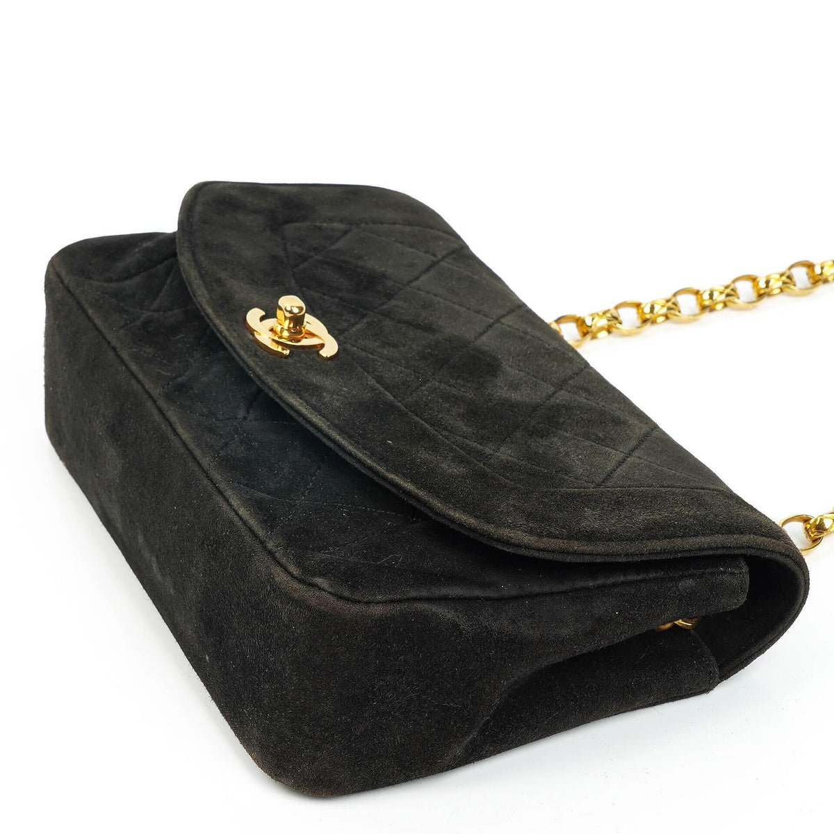 Chanel Mini Diana Bijoux Chain Black Quilted Suede Vintage Flap Bag with 24K Gold-Plated Hardware (1989–1991)