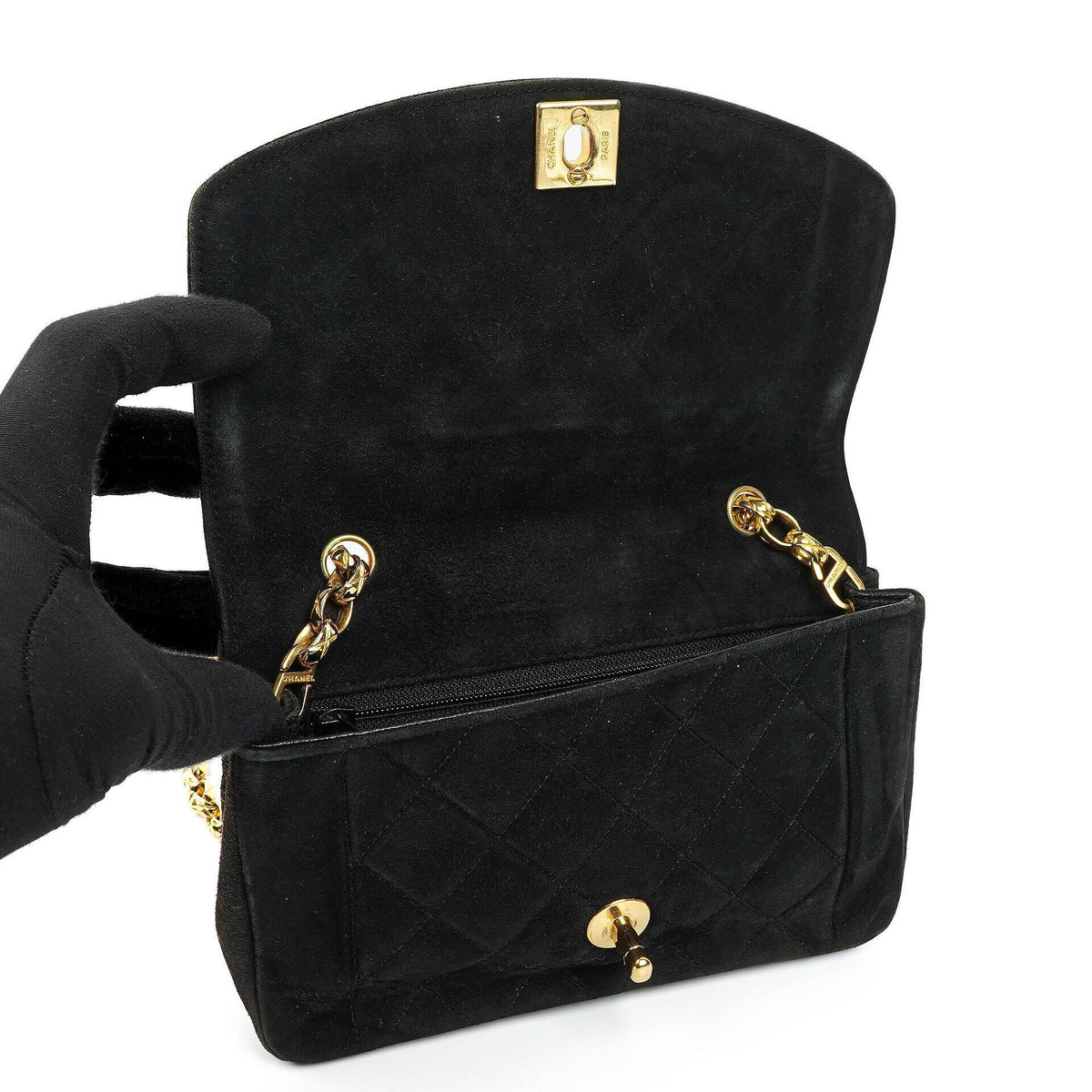Chanel Mini Diana Bijoux Chain Black Quilted Suede Vintage Flap Bag with 24K Gold-Plated Hardware (1989–1991)