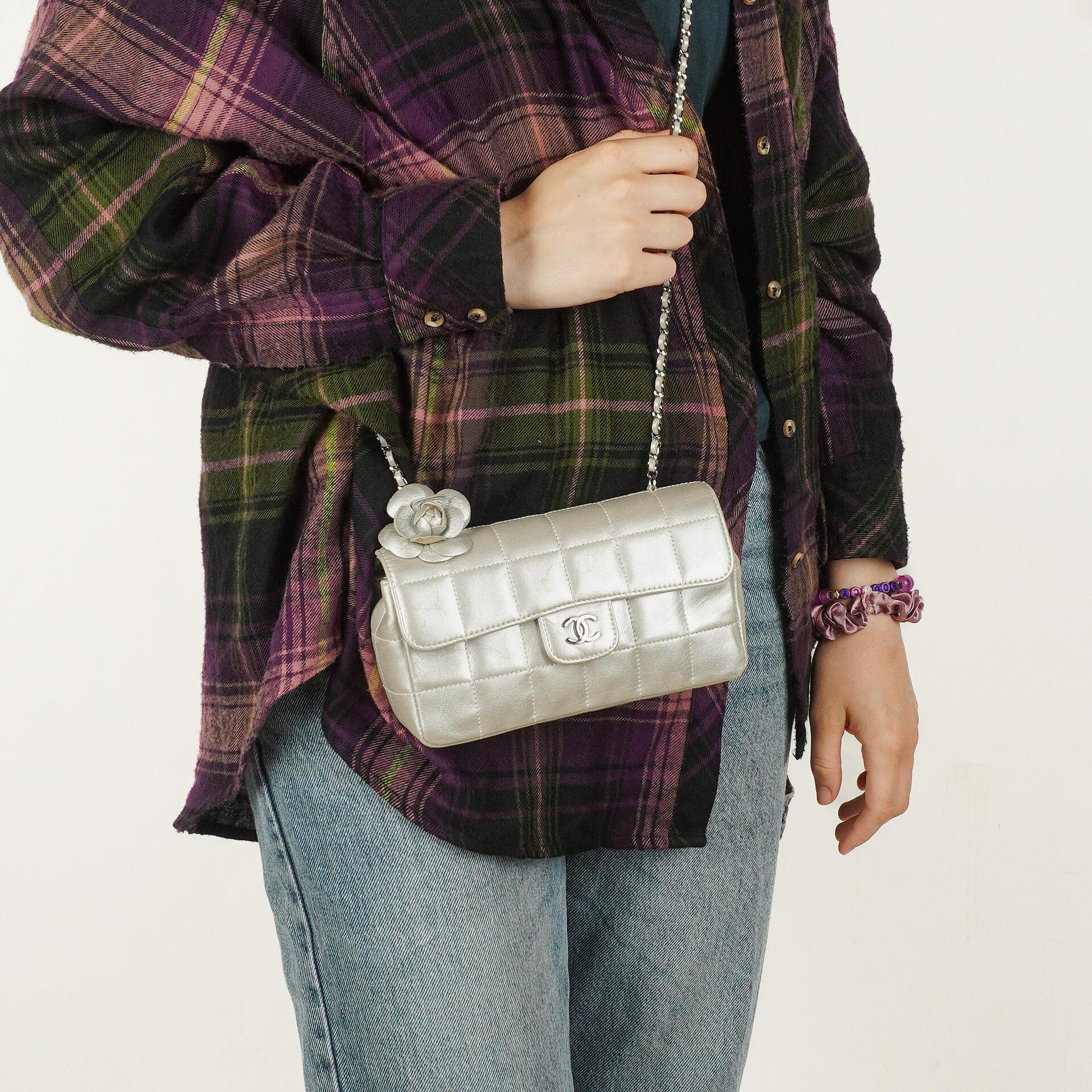 Chanel Mini Rectangular Single Flap Bag Flower Metalic Silver Quilted Lambskin SIlver Tone Hardware
