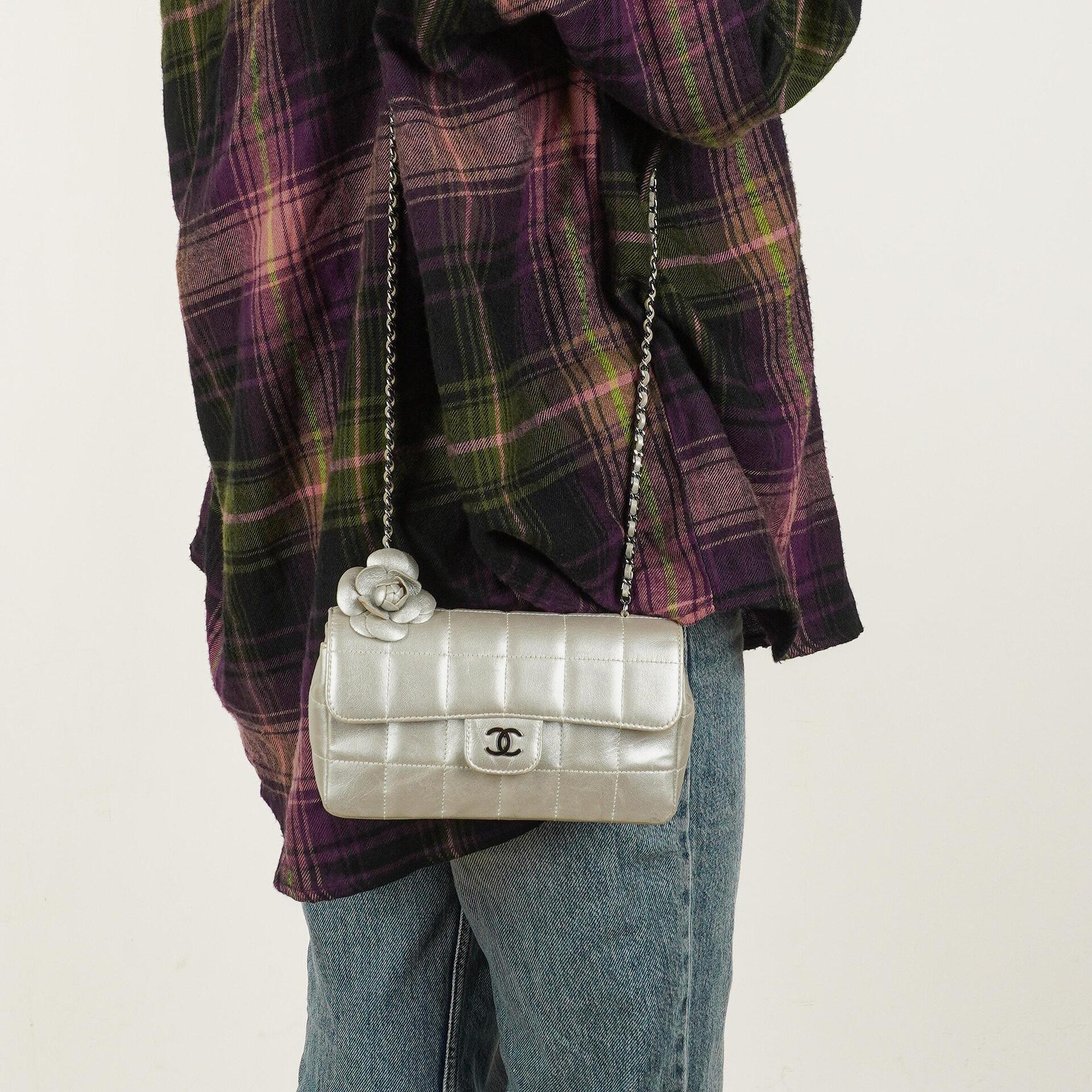Chanel Mini Rectangular Single Flap Bag Flower Metalic Silver Quilted Lambskin SIlver Tone Hardware