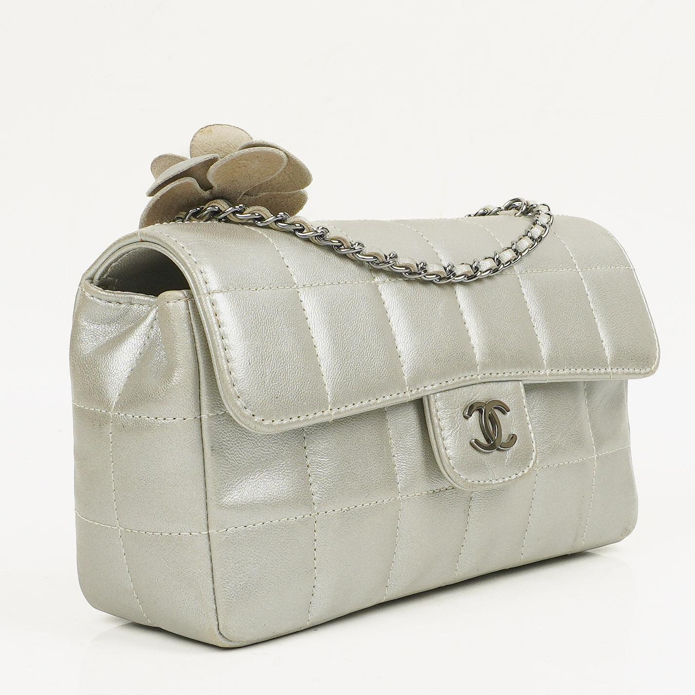 Chanel Mini Rectangular Single Flap Bag Flower Metalic Silver Quilted Lambskin SIlver Tone Hardware