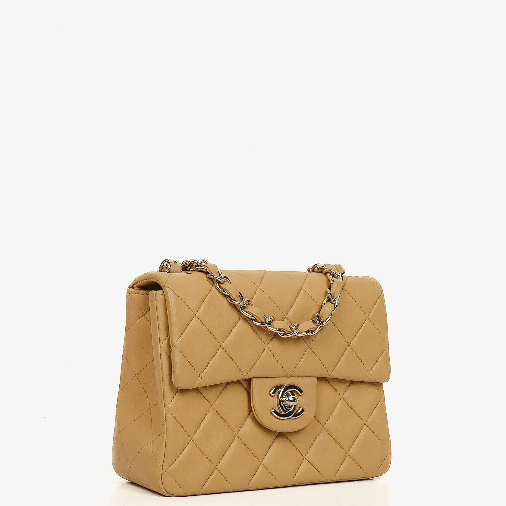 Chanel Mini Square Classic Flap Bag Beige Quilted Lambskin With Silver-Tone Hardware