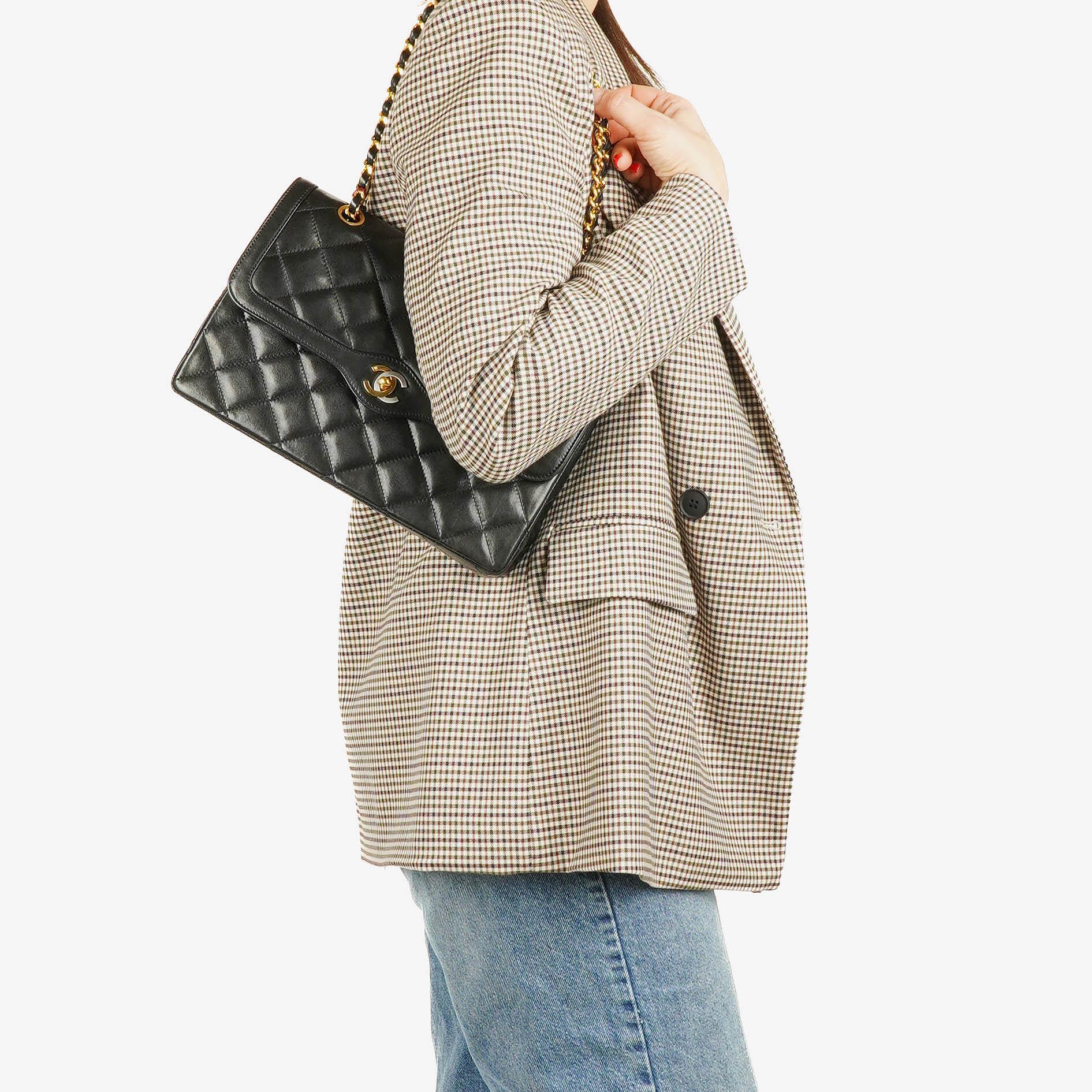 Chanel Paris Classic Medium Double Flap Bag Black Quilted Lambskin With Gold & Silver Tone Combo Hardware