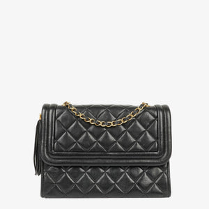 Borsa Chanel Vintage con patta e nappina in pelle di agnello nera matelassé