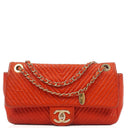 Chanel Red Chevron Quilted Distressed Calfskin Medium Classic Single Medallion Flap Gold Hardware