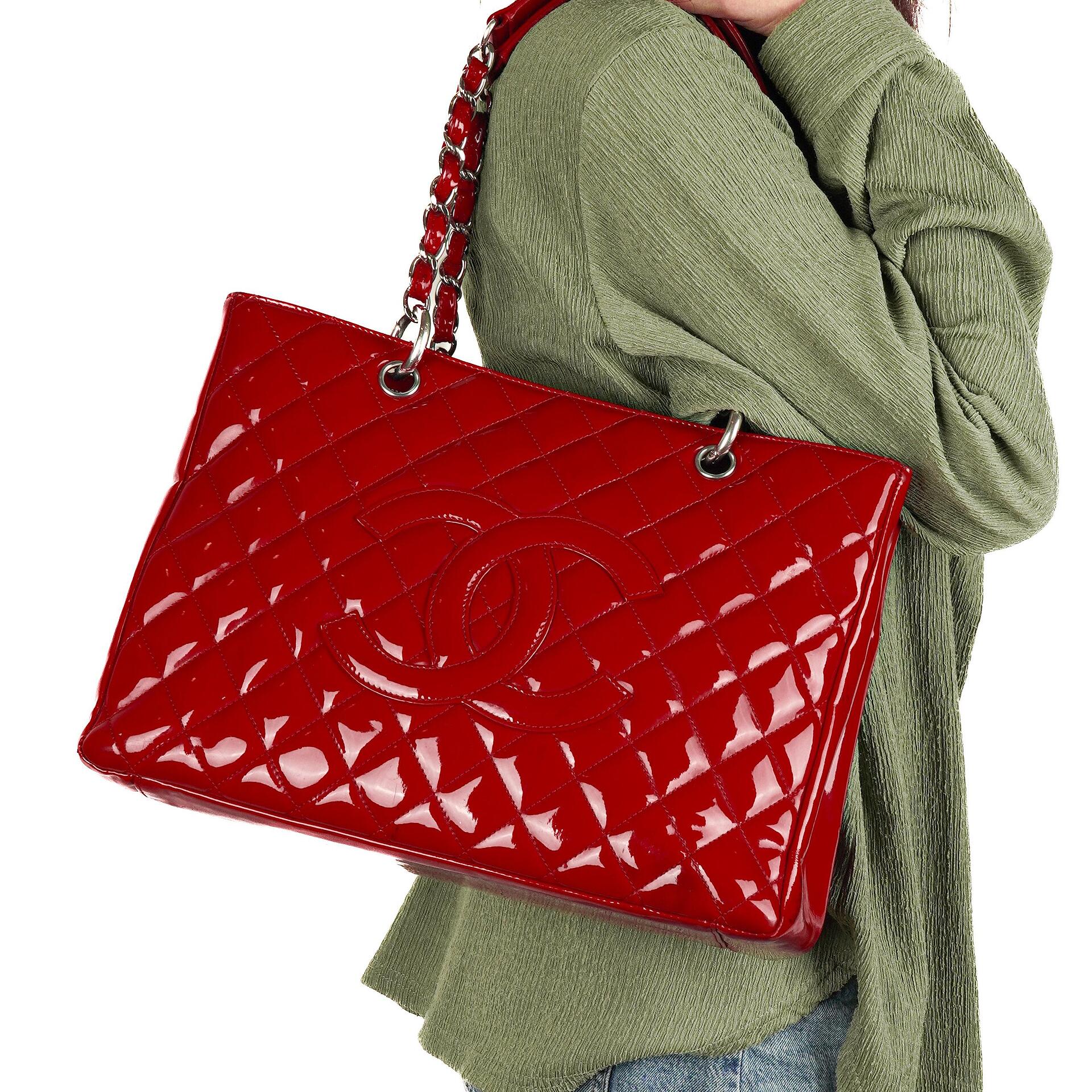 Chanel Red Quilted Patent Leather Grand Shopping Tote Bag