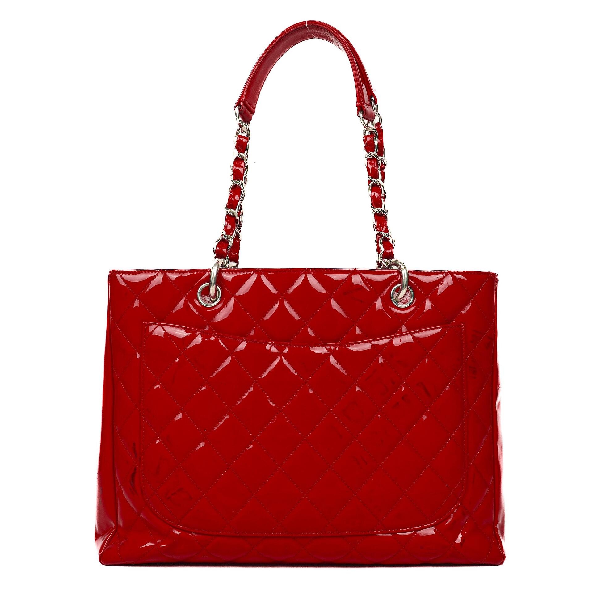 Chanel Red Quilted Patent Leather Grand Shopping Tote Bag