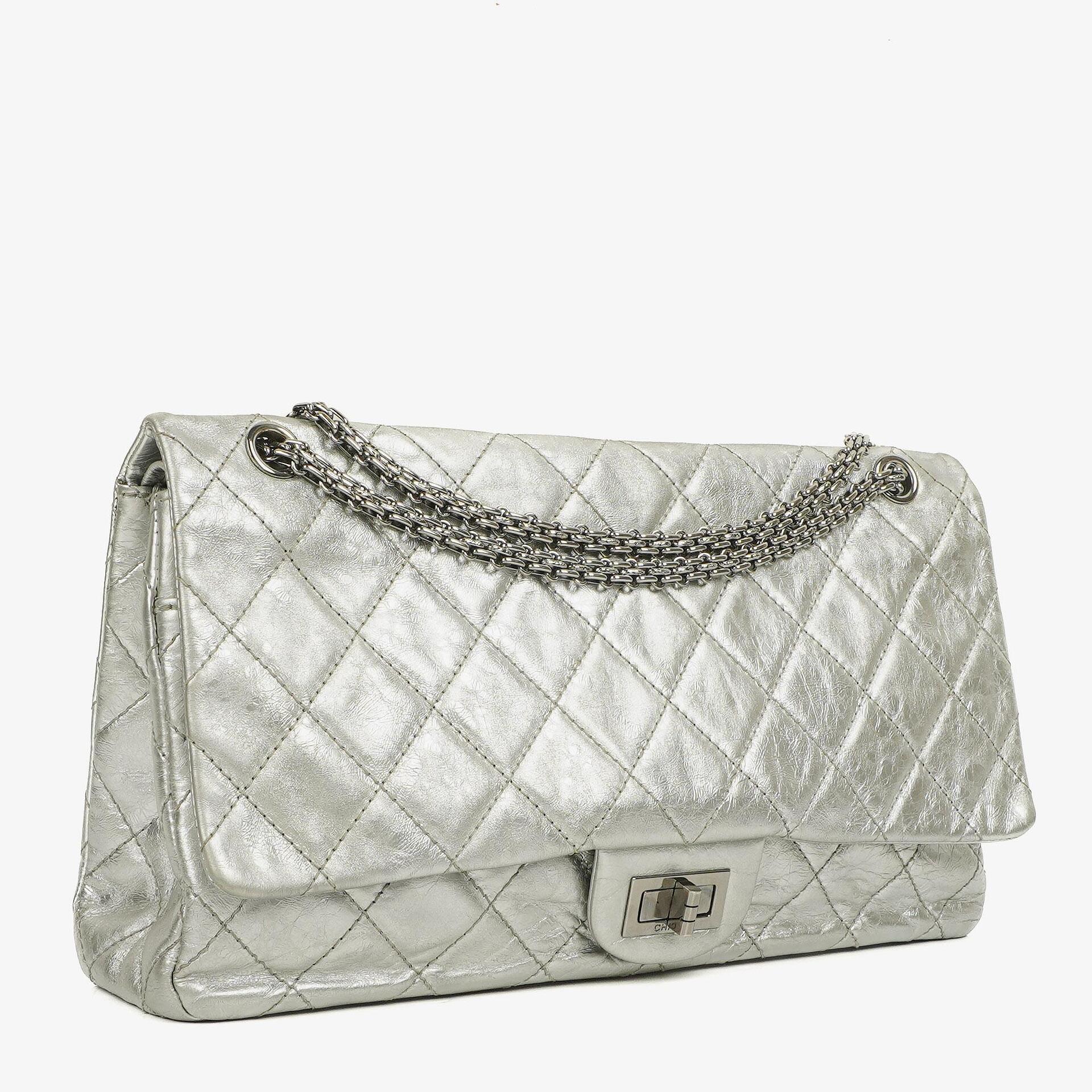 Chanel Silver Metallic Aged Quilted Calfskin 2.55 Reissue 227 Flap Bag