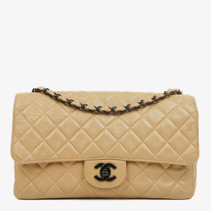 Chanel Single Flap Bag Beige Quilted Lambskin With Black Hardware