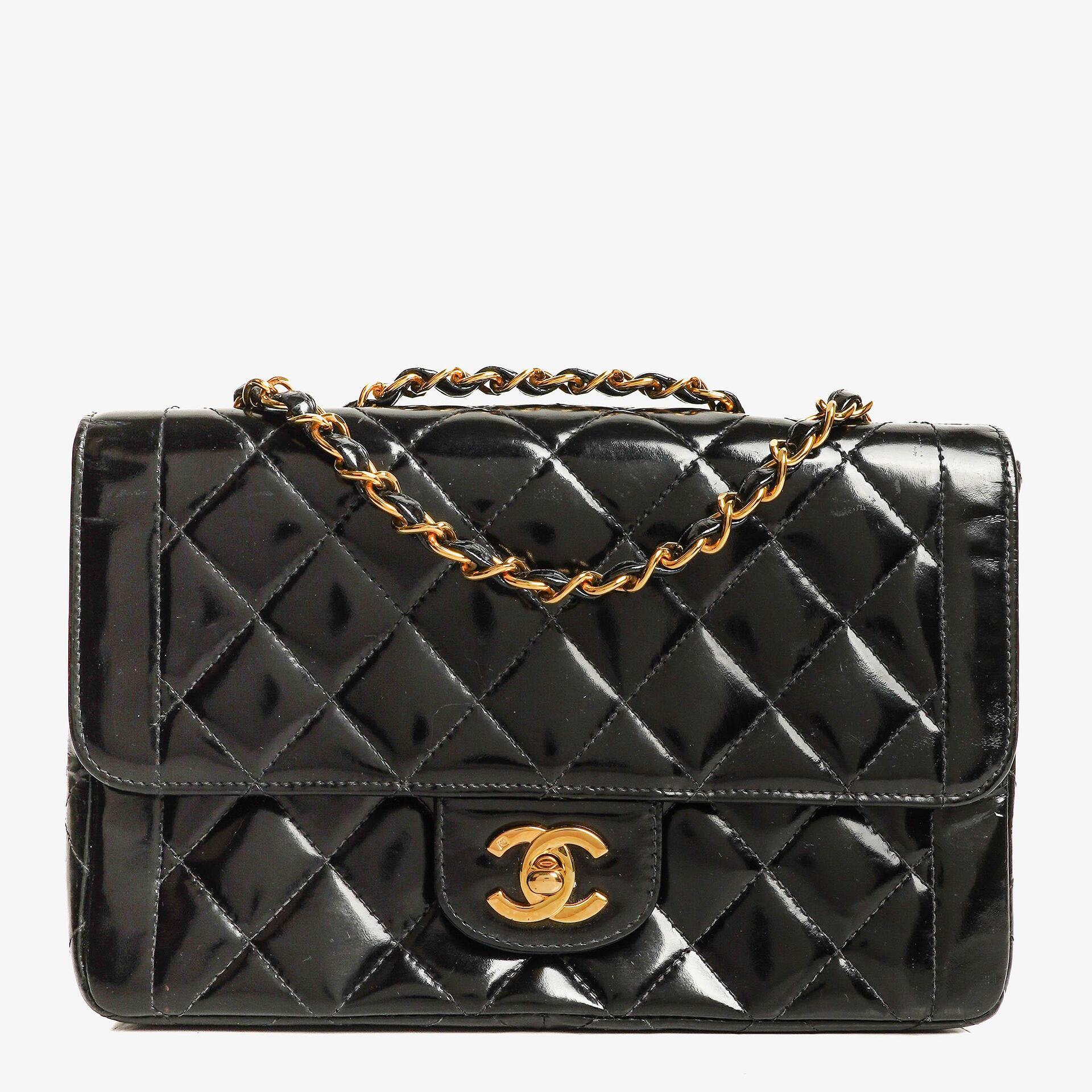 Chanel Single Flap Bag Black Quilted Patent Leather With 24K Gold-Plated Hardware