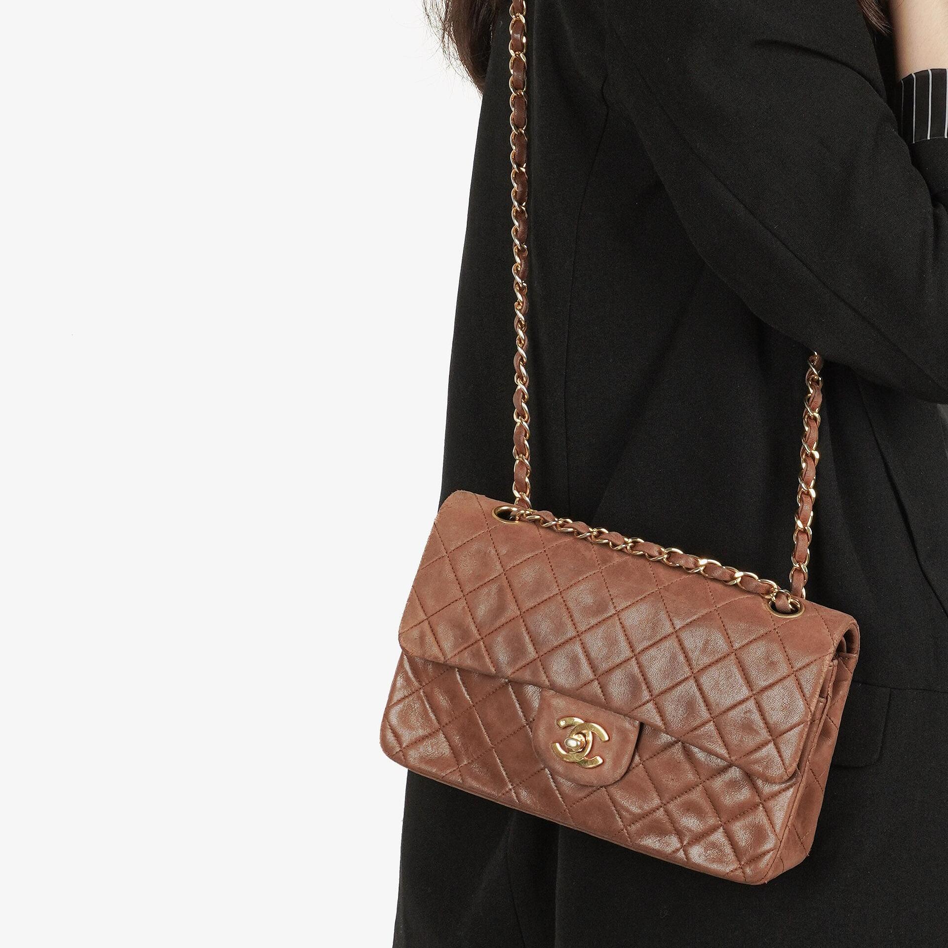 Chanel Small Classic Brown Quilted Lambskin Double Flap Bag With 24K Gold-Plated Hardware