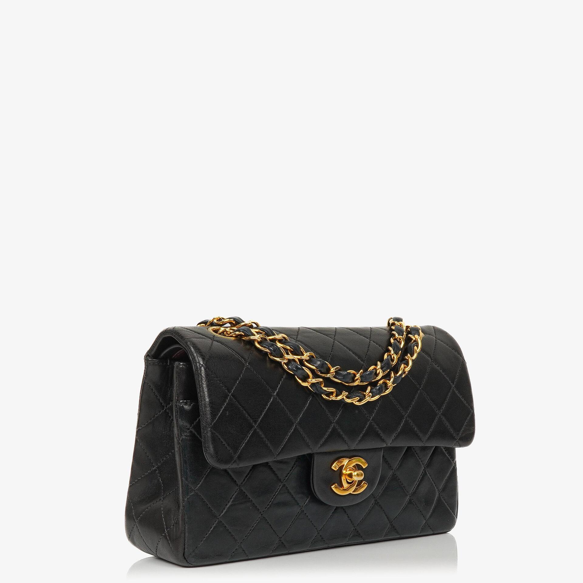 Chanel Small Classic Double Flap Bag Black Quilted Lambskin 24K Gold Hardware Vintage