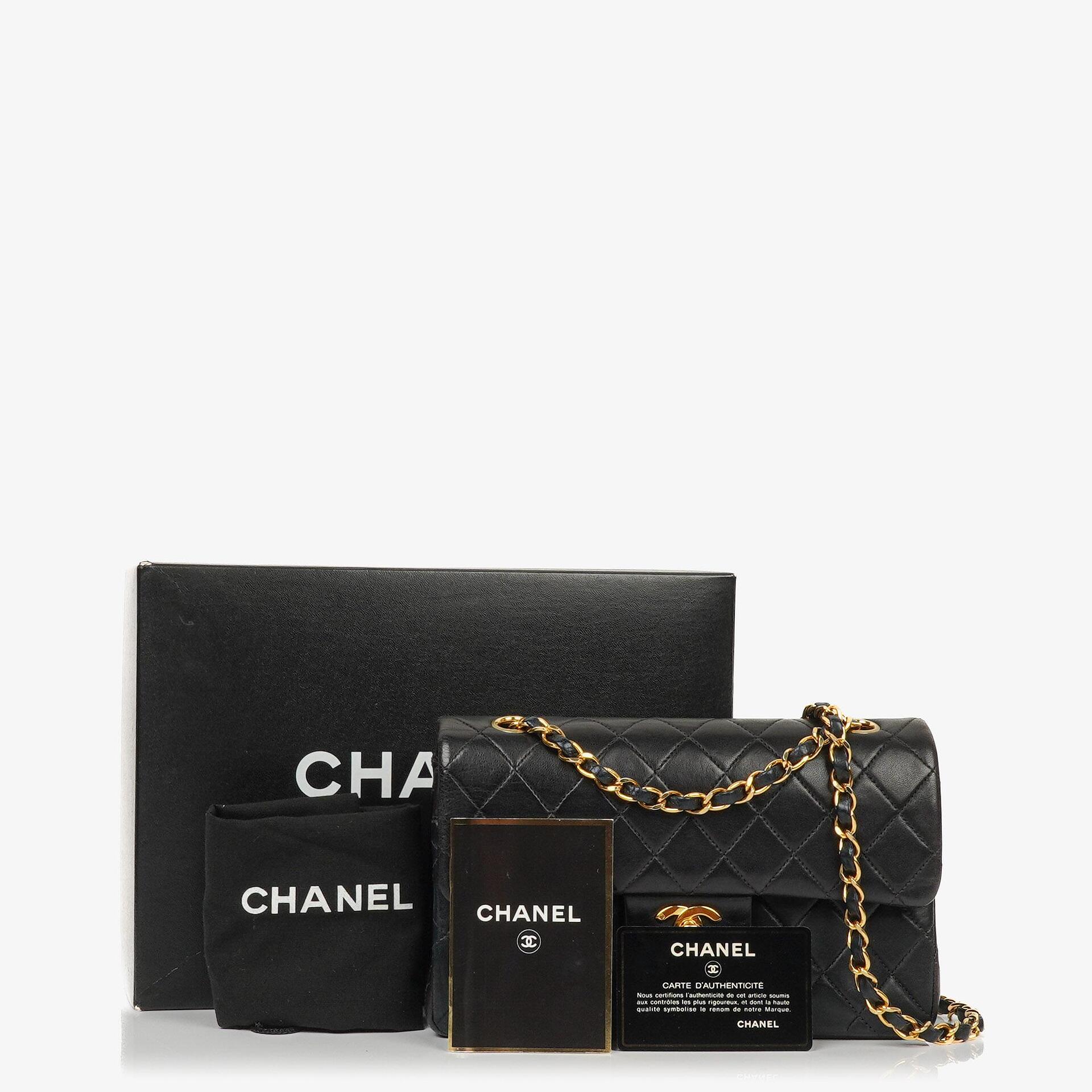 Chanel Small Classic Double Flap Bag Black Quilted Lambskin 24K Gold Hardware Vintage