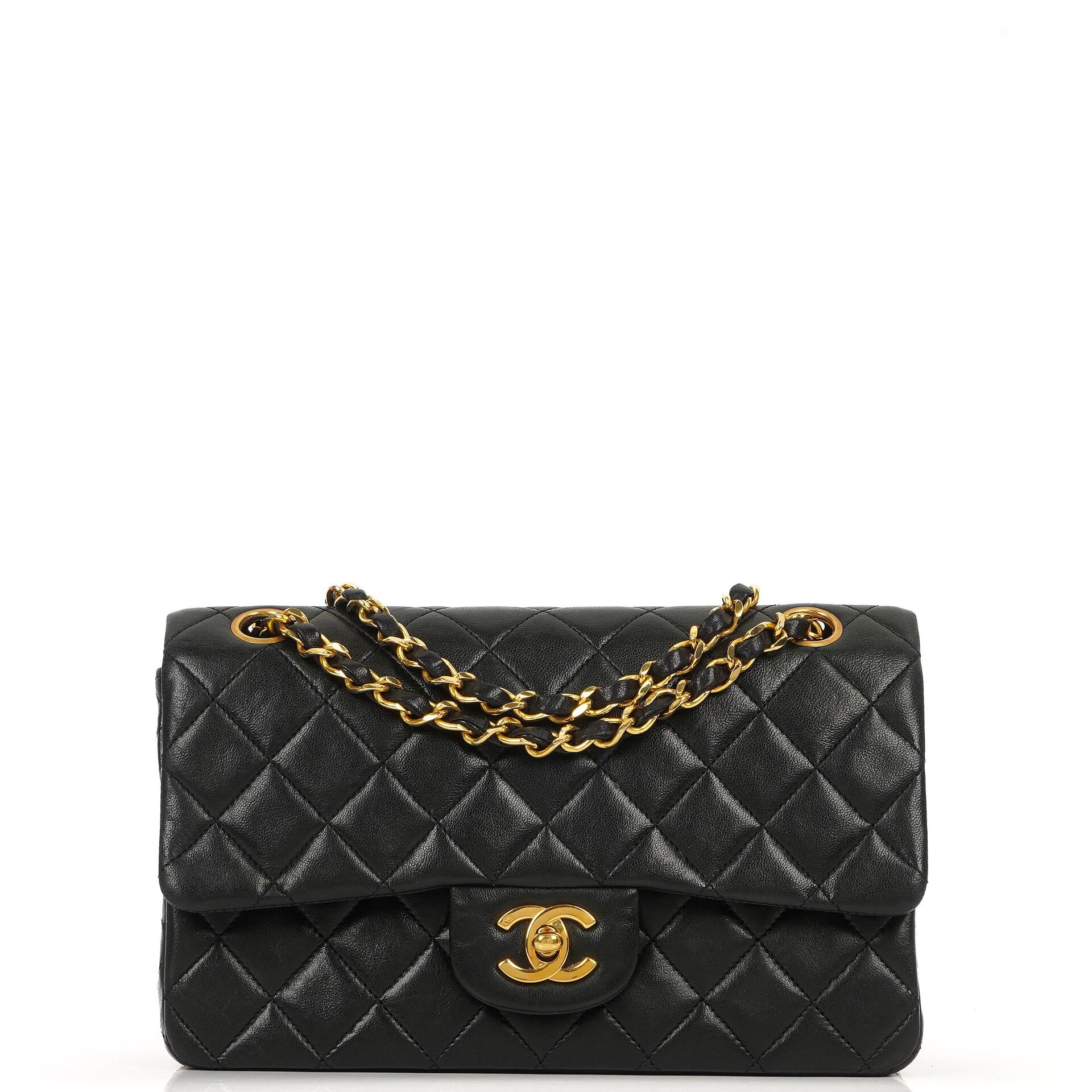 Chanel Small Classic Vintage Black Quilted Lambskin Double Flap Bag With 24K Gold-Plated Hardware